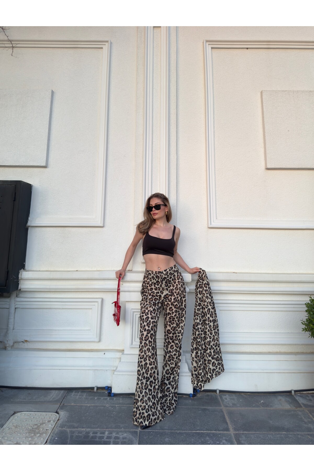 Kadın Leopar Palazzo Pantolon Gömlek Takım