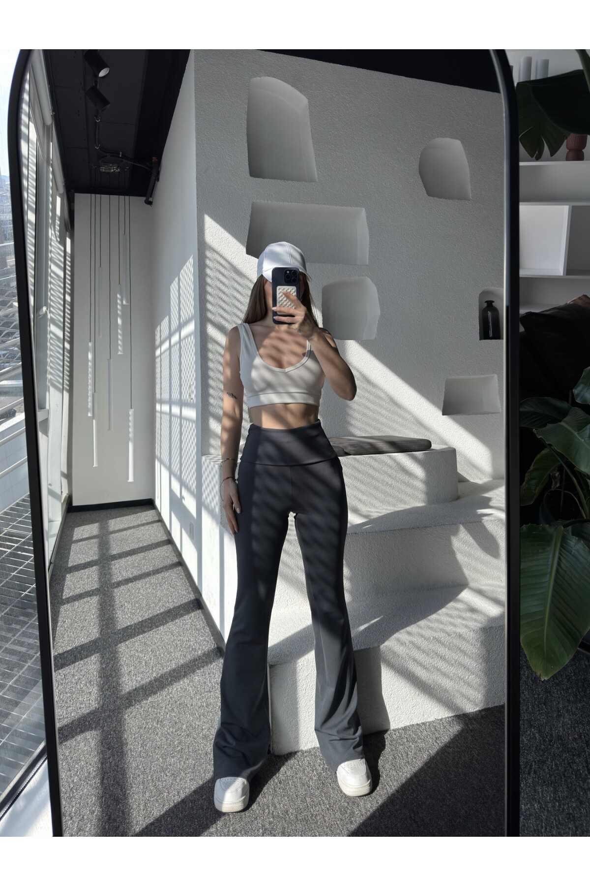 Kadın Madonna Beli Katlamalı İspanyol Tayt Pantolon Siyah Gri