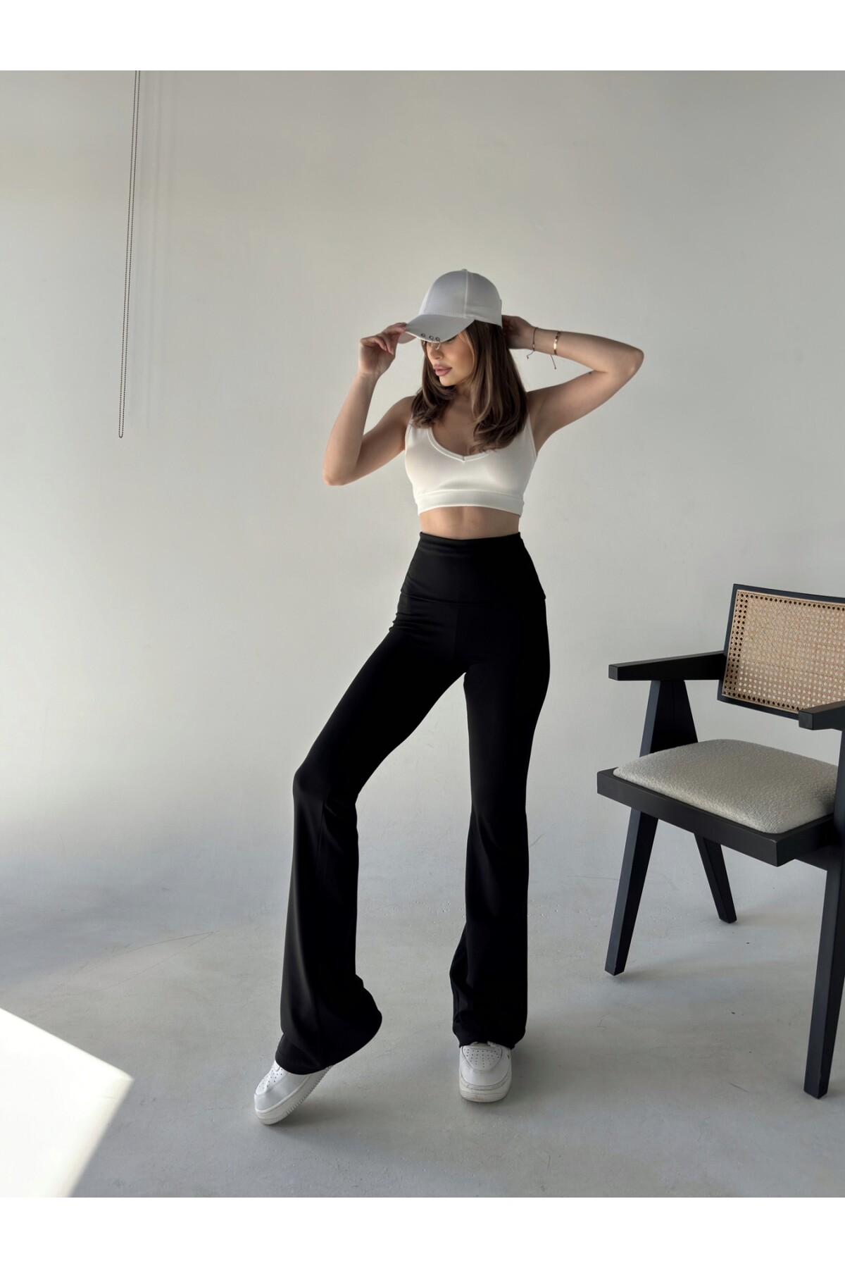 Kadın Madonna Beli Katlamalı  İspanyol Tayt Pantolon Siyah