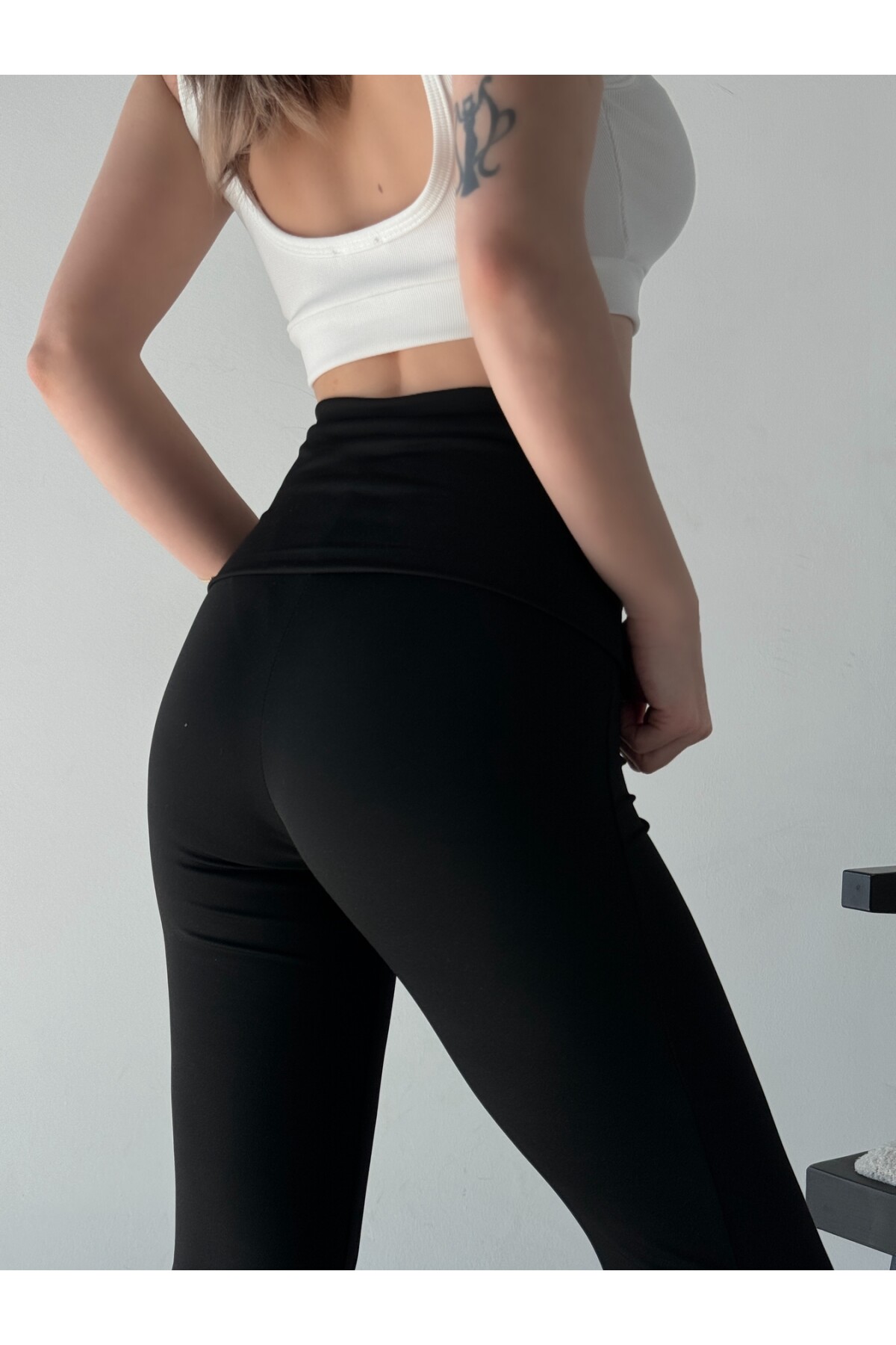 Kadın Madonna Beli Katlamalı  İspanyol Tayt Pantolon Siyah