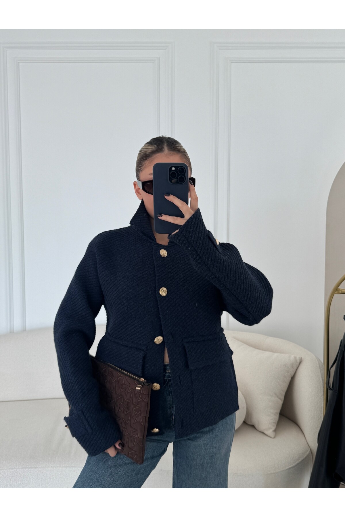 Kadın Marka Model Gold Düğmeli Cepli Polo Yaka Hırka