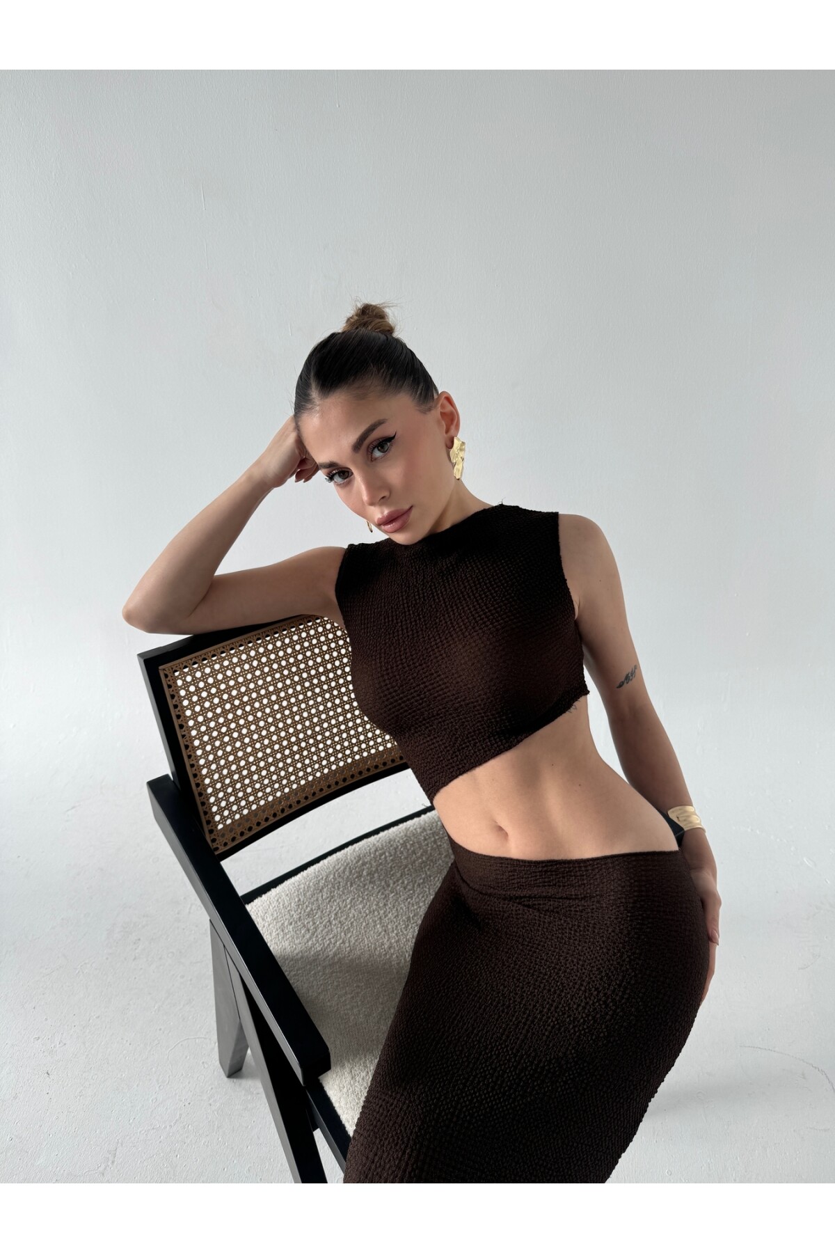 Kadın marka model rustik kumaş detay dekolteli elbise