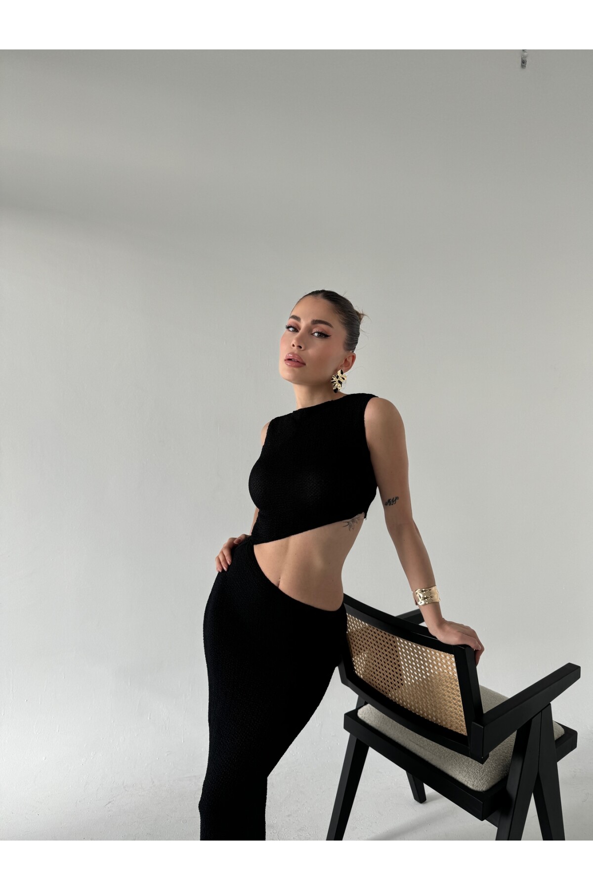 Kadın marka model rustik kumaş detay dekolteli elbise