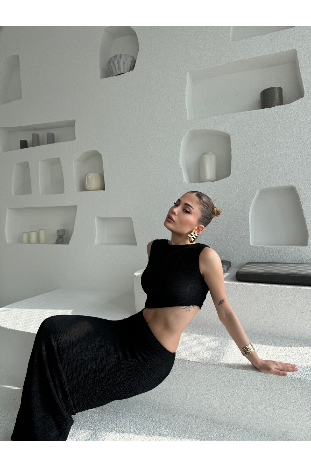 Kadın marka model rustik kumaş detay dekolteli elbise