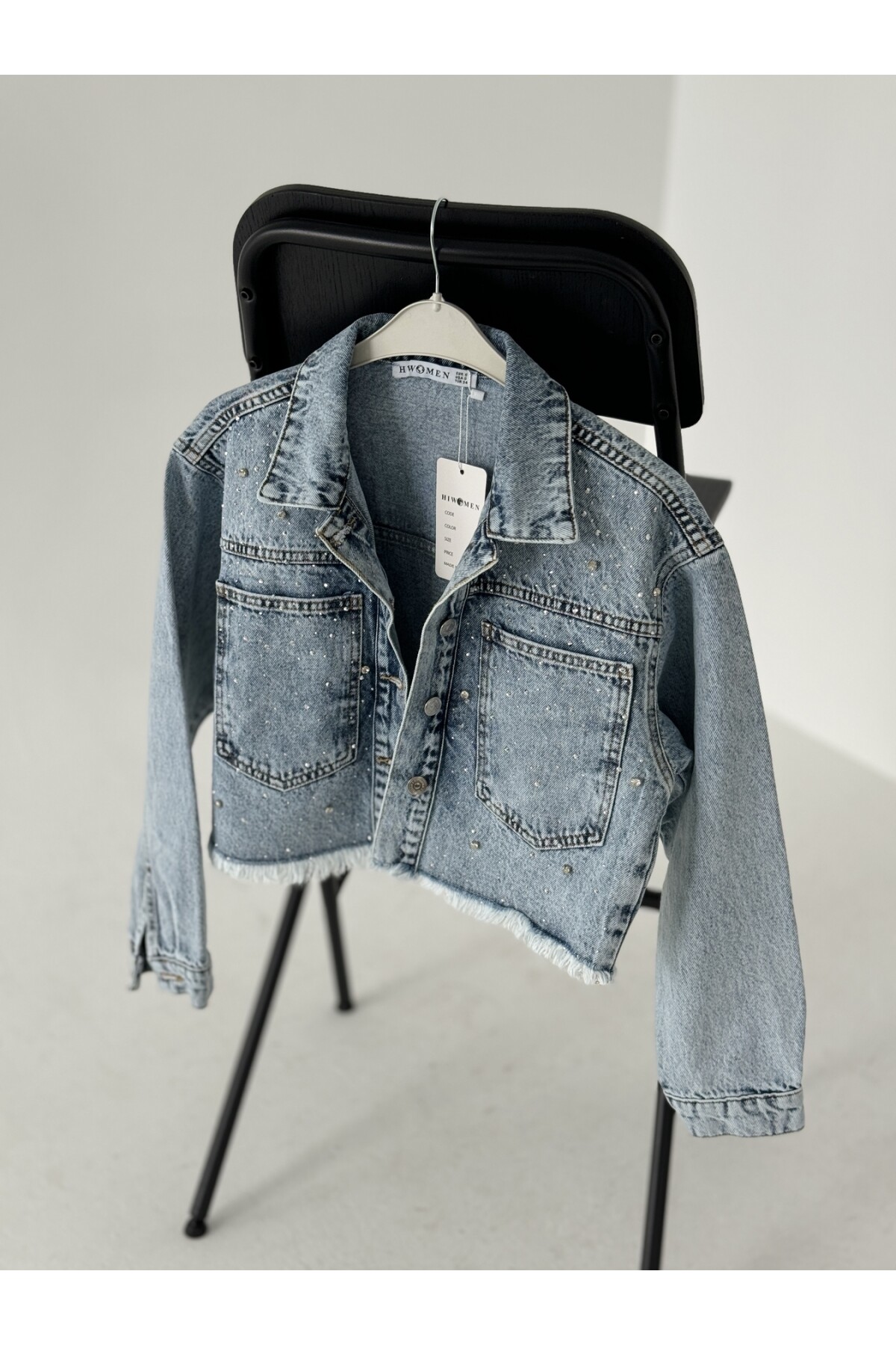 Kadın Marka Model Taş Detaylı Crop Jean Ceket