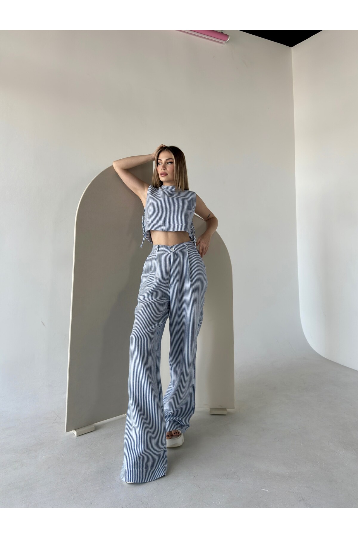 Kadın Mavi Çizgili Yandan Bağcıklı Keten Palazzo Pantolon Takım