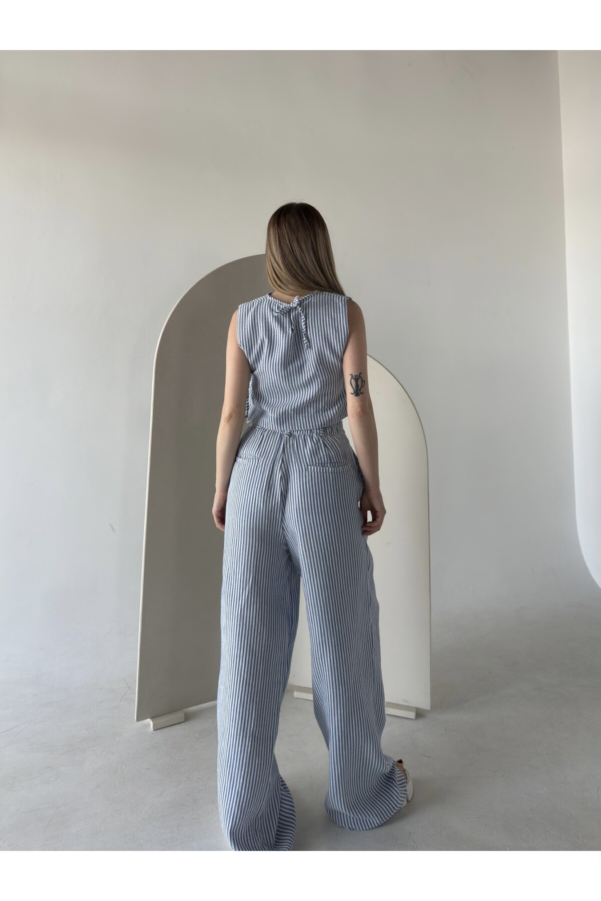 Kadın Mavi Çizgili Yandan Bağcıklı Keten Palazzo Pantolon Takım