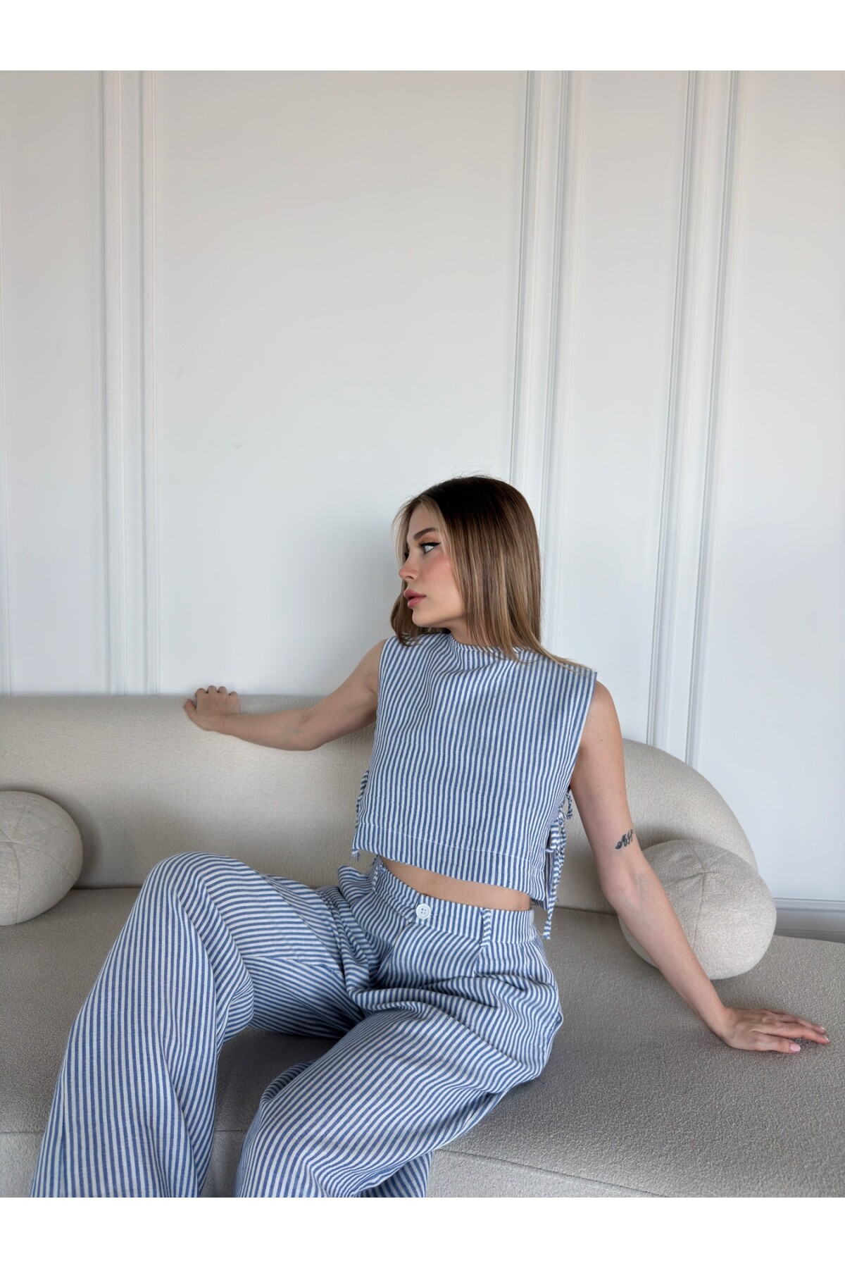 Kadın Mavi Çizgili Yandan Bağcıklı Keten Palazzo Pantolon Takım