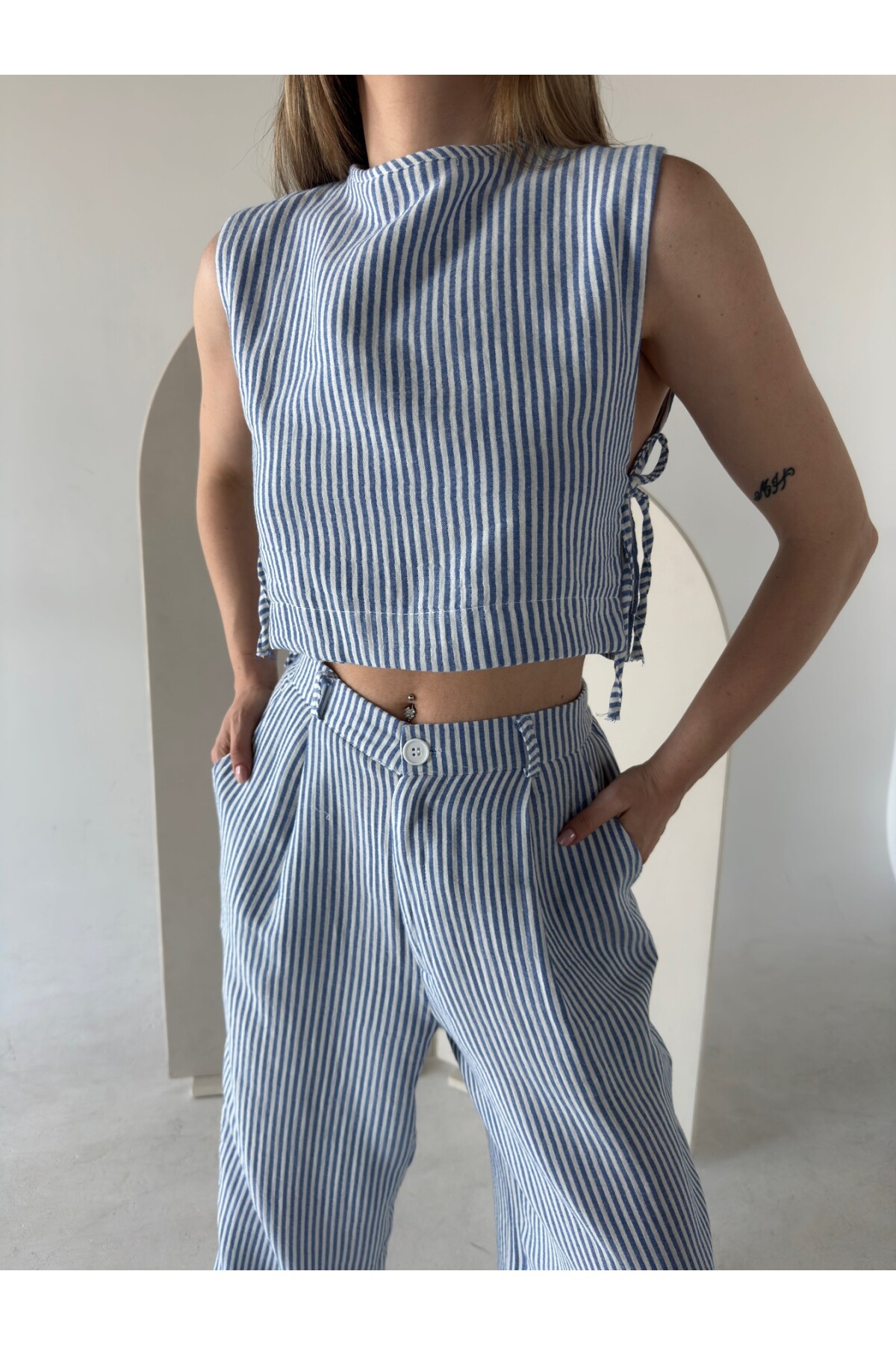 Kadın Mavi Çizgili Yandan Bağcıklı Keten Palazzo Pantolon Takım