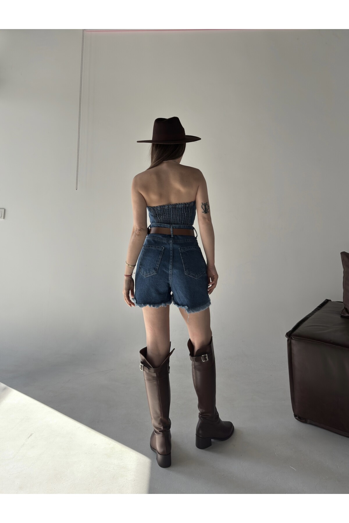 Kadın Mavi Denim Straplez Bluz