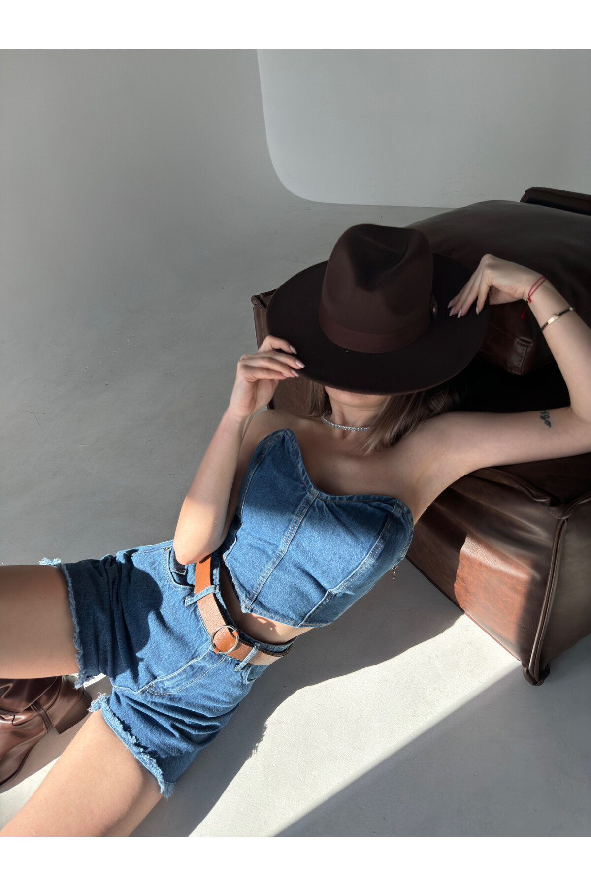 Kadın Mavi Denim Straplez Bluz