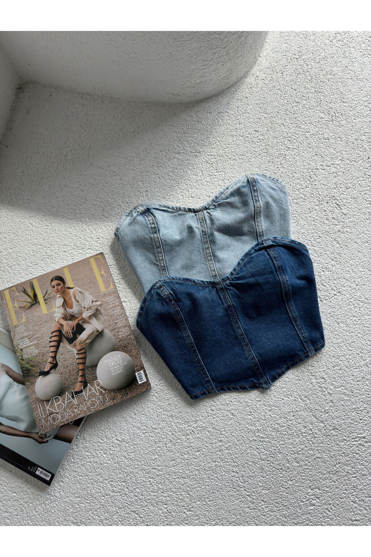 Kadın Mavi Denim Straplez Bluz