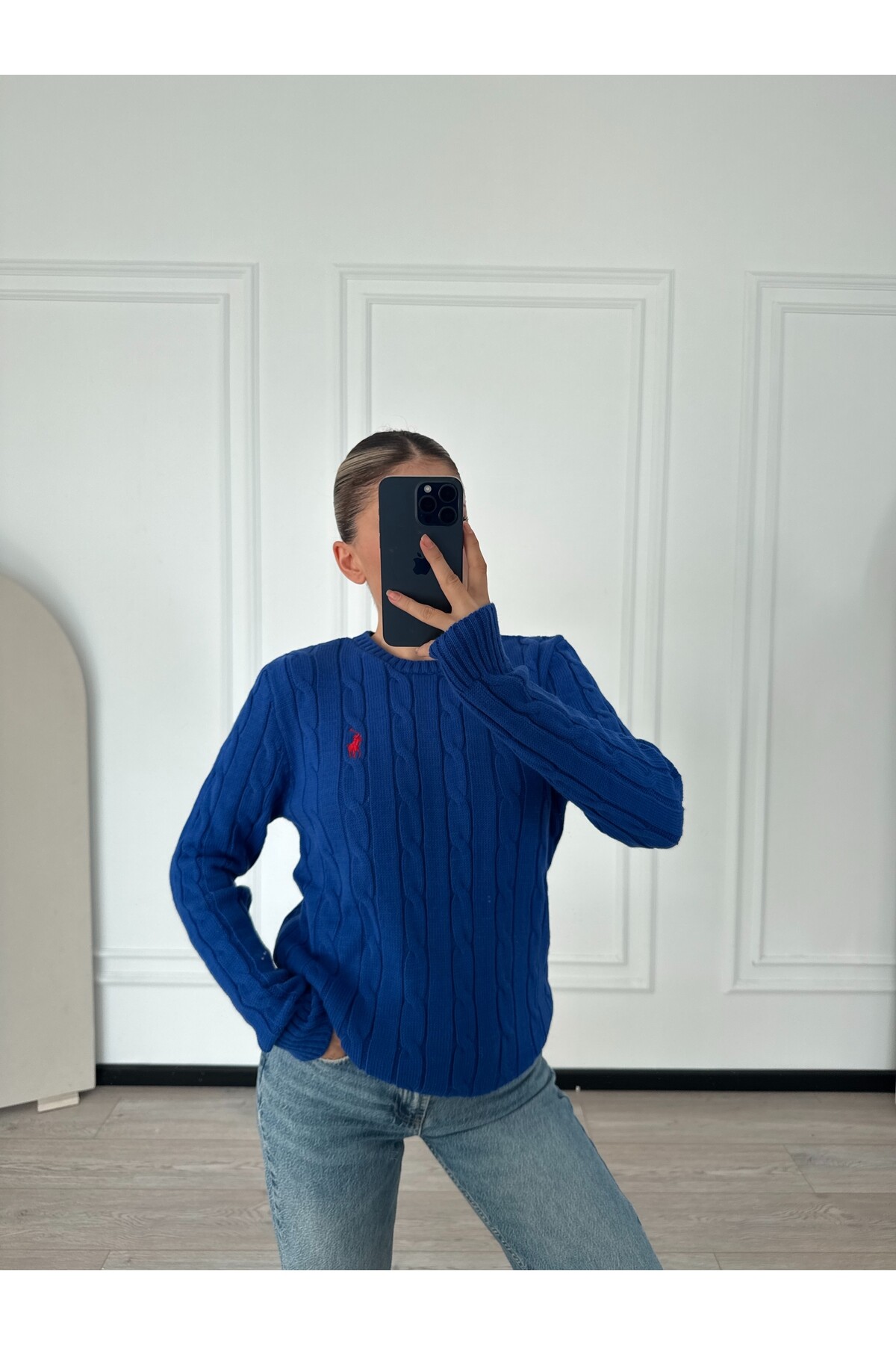 Kadın Mavi Marka Model Saç Örgülü Triko Kazak