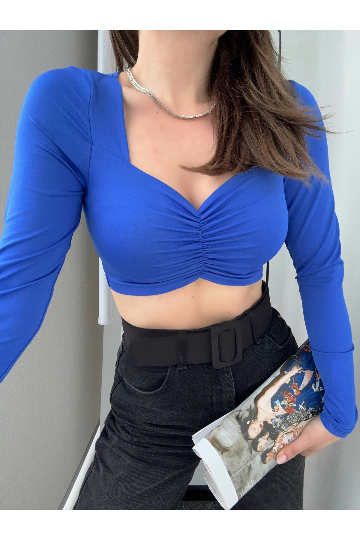 Kadın Önü Büzgülü Crop Bluz  Mavi