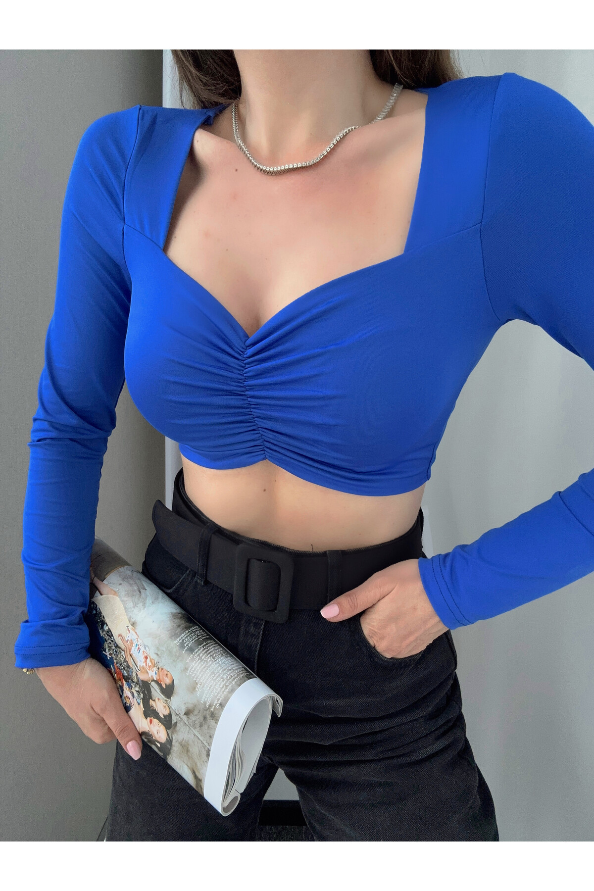 Kadın Önü Büzgülü Crop Bluz  Mavi