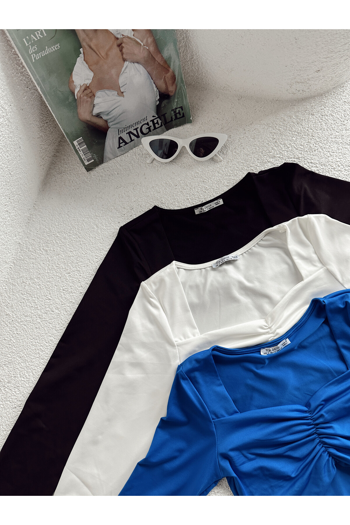 Kadın Önü Büzgülü Crop Bluz  Mavi