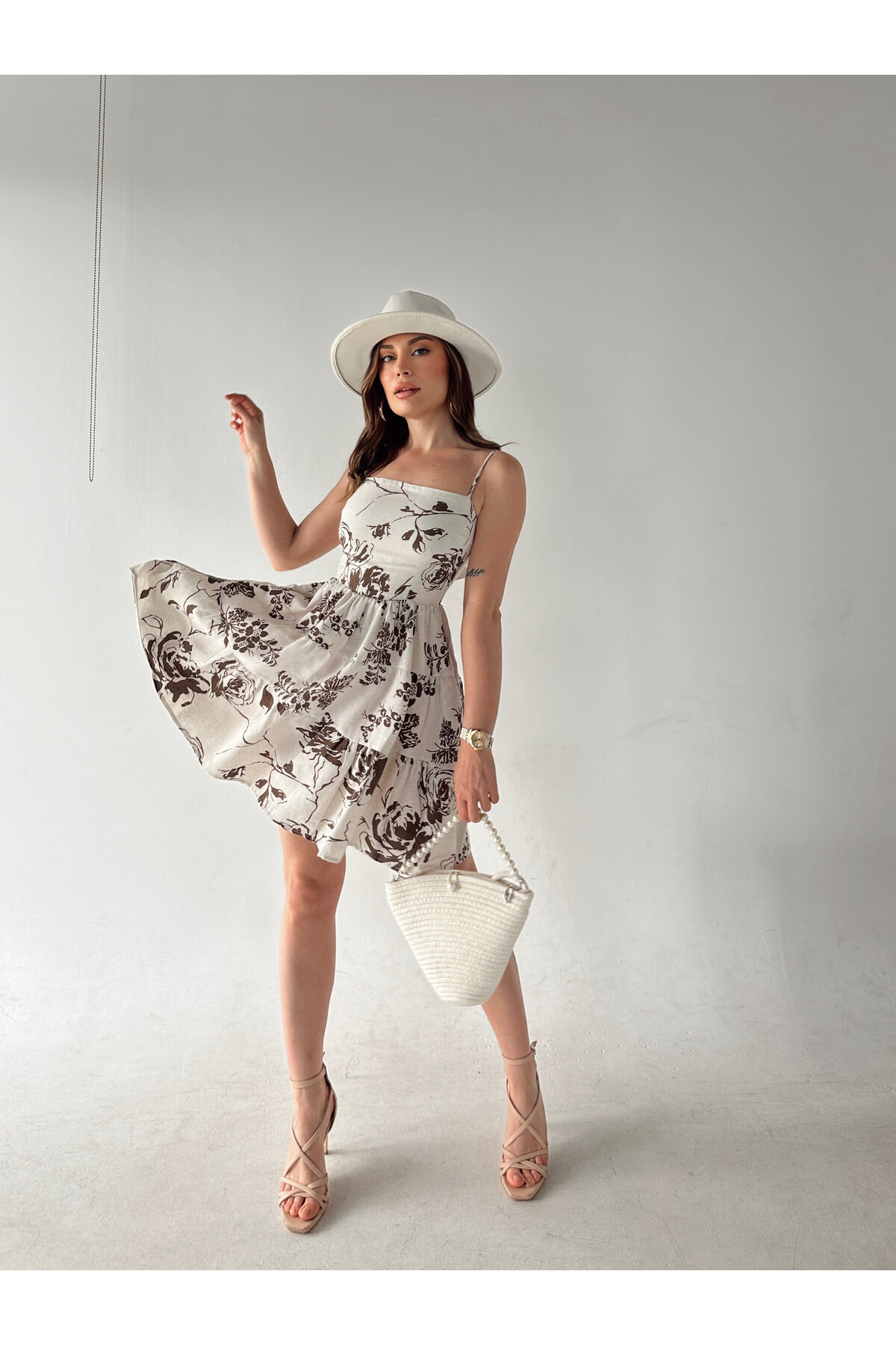 Kadın Orjinal Marka Astarlı Ayarlanabilir Askılı Keten Elbise  Beyaz