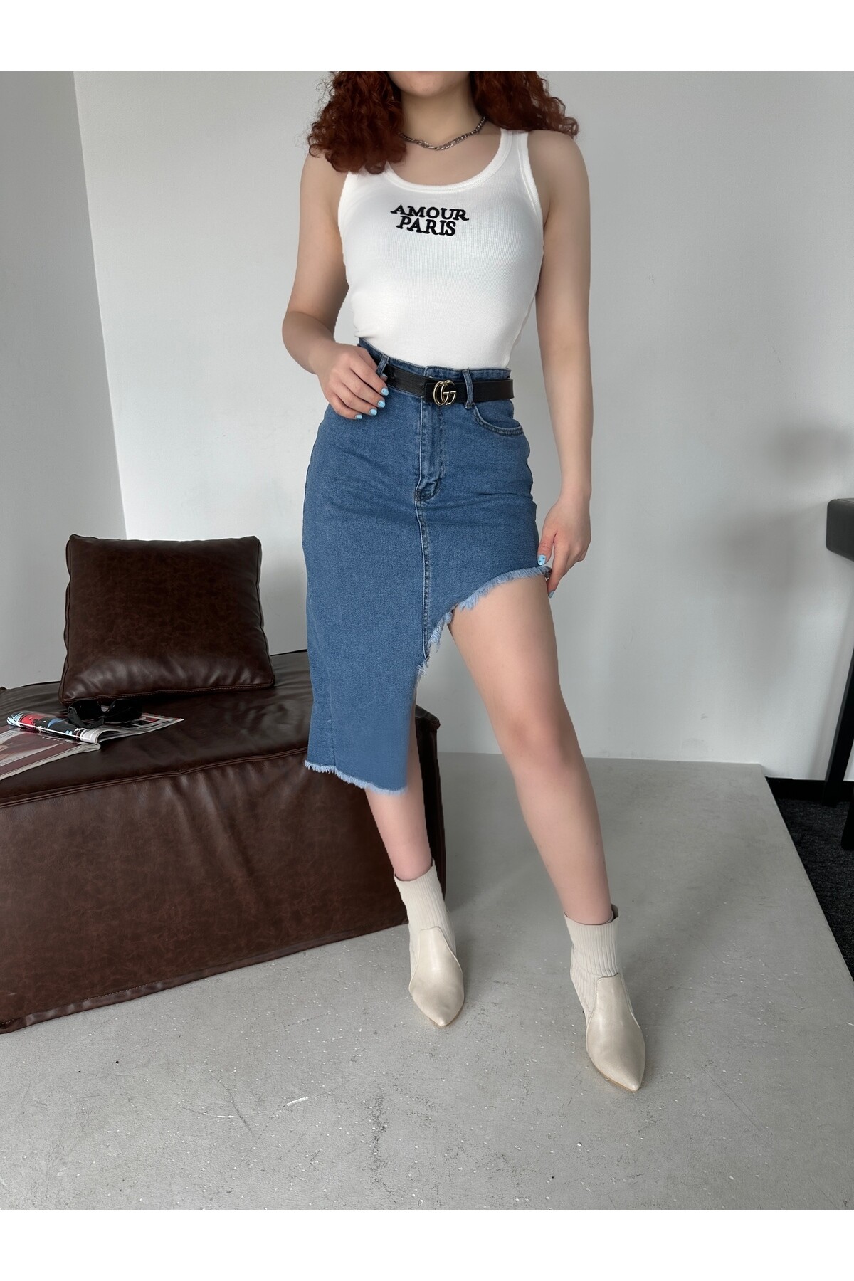 Kadın Orjinal Marka Yandan Yırtmaçlı Denim Etek  Koyu Mavi