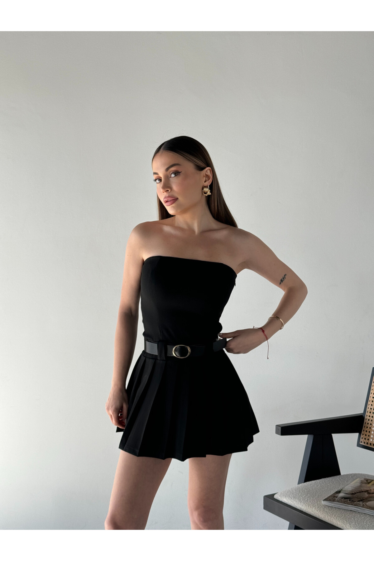 Kadın Orjinal Marka Zra Model Pileli Kemerli Şortlu Etek Straplez Elbise