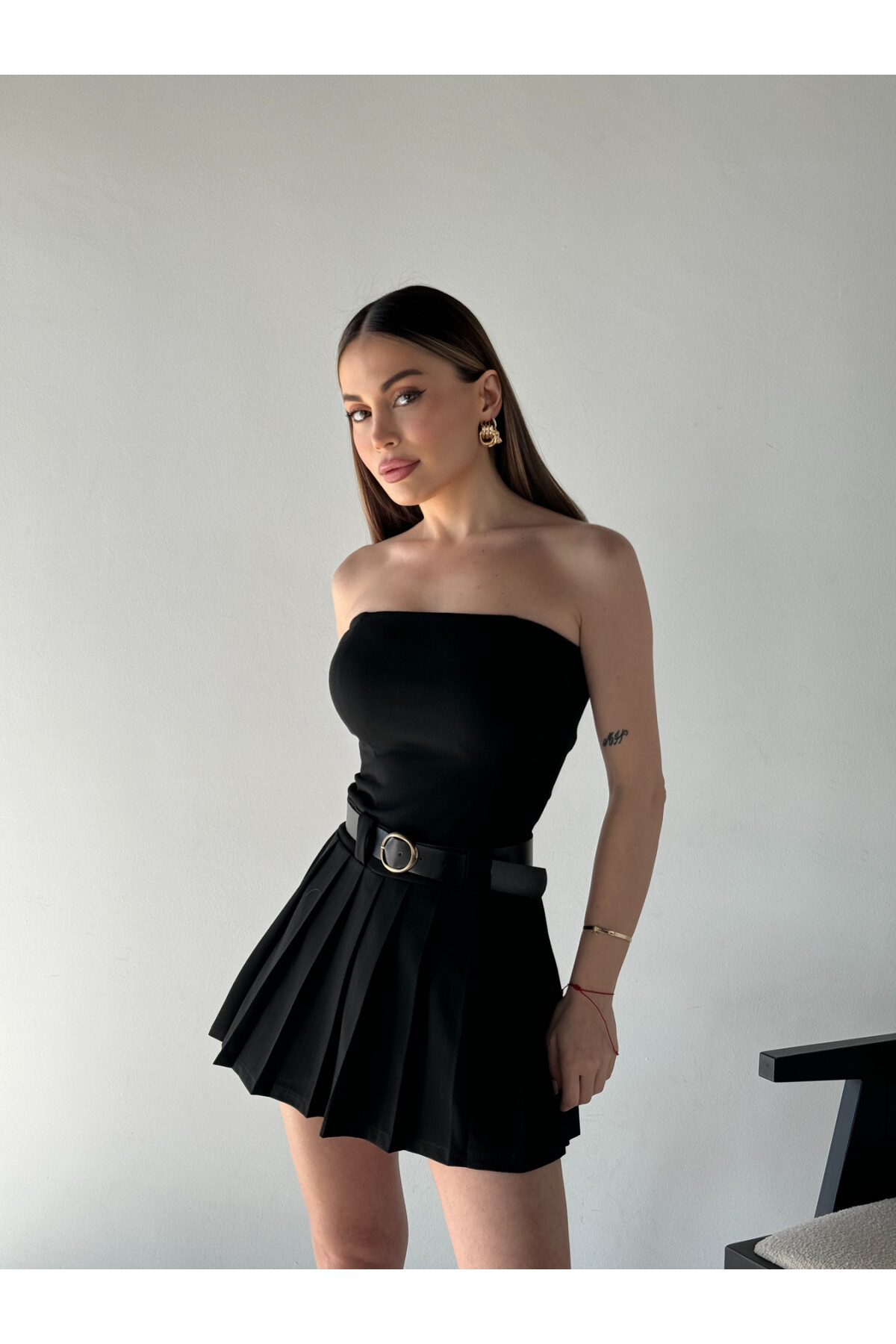 Kadın Orjinal Marka Zra Model Pileli Kemerli Şortlu Etek Straplez Elbise