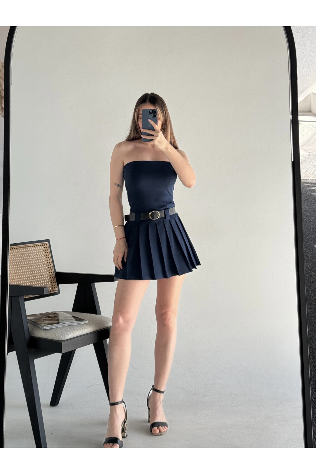 Kadın Orjinal Marka Zra Model Pileli Kemerli Şortlu Etek Straplez Elbise Lacivert