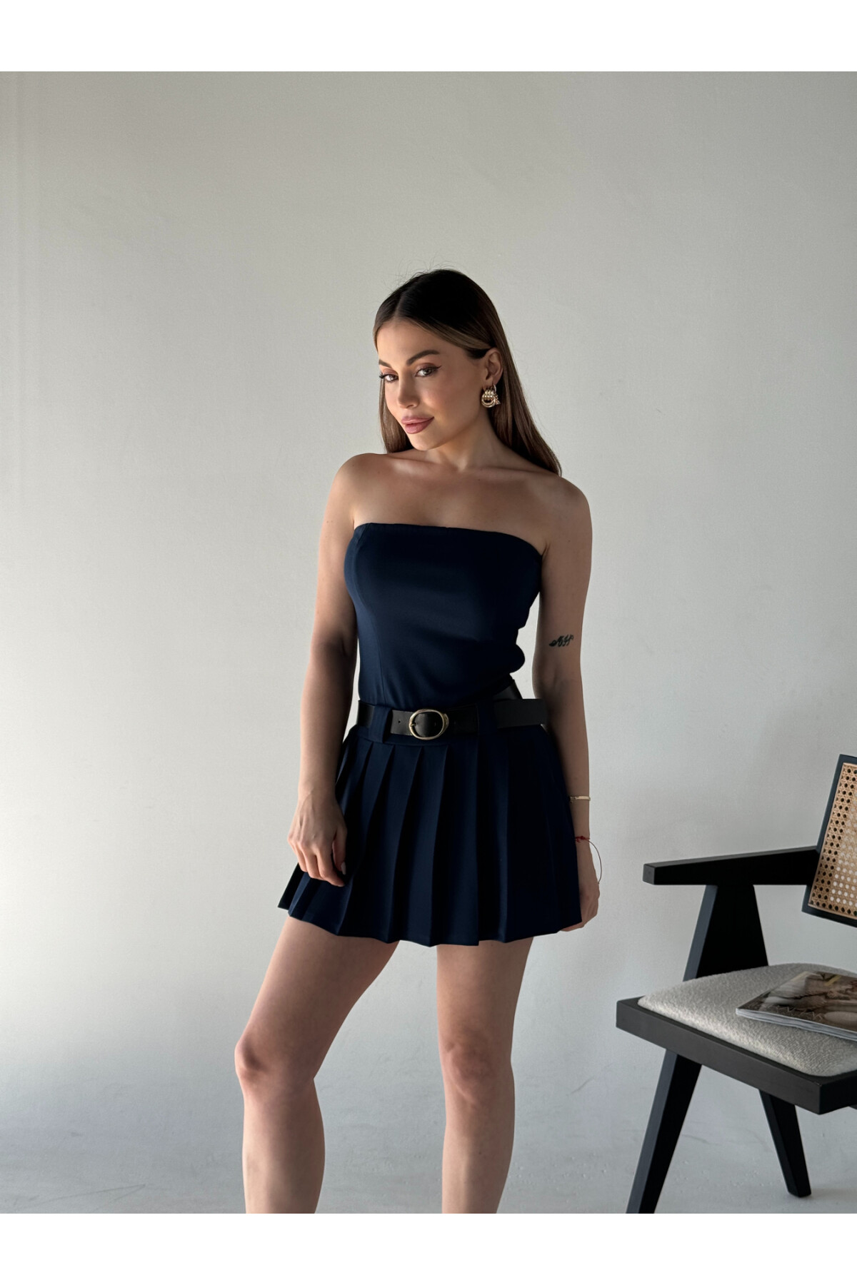 Kadın Orjinal Marka Zra Model Pileli Kemerli Şortlu Etek Straplez Elbise Lacivert