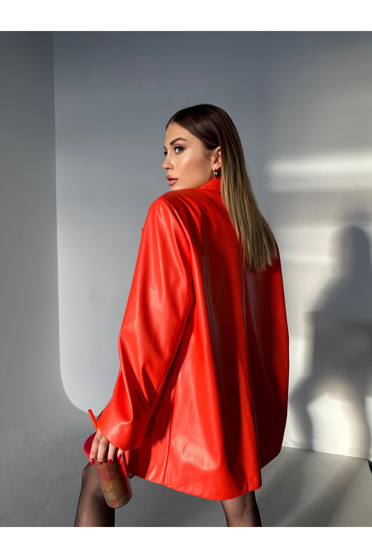 Kadın Oversize Astarlı Deri Blazer Ceket  Turuncu