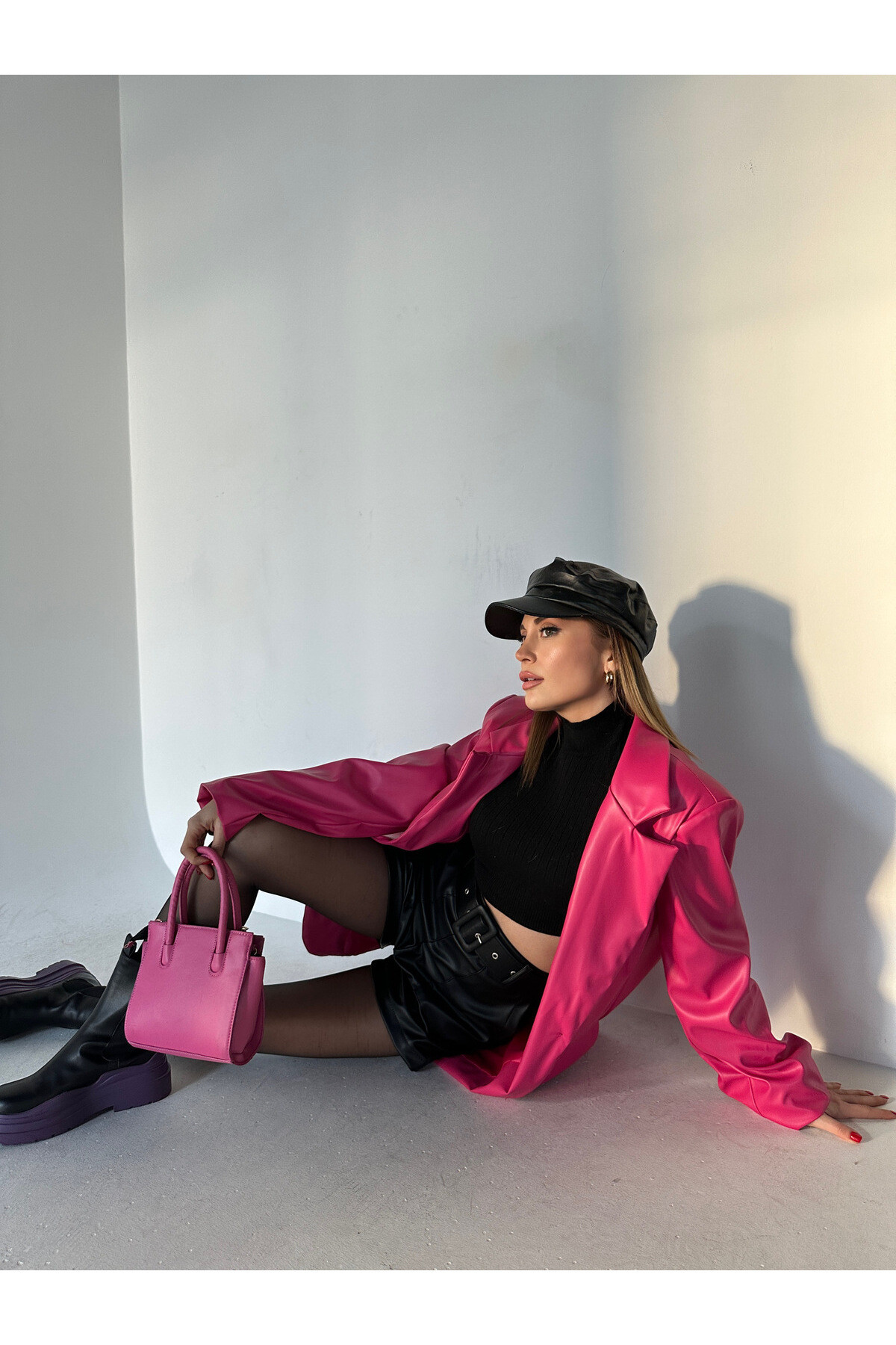 Kadın Oversize Astarlı Deri Blazer Ceket Pembe