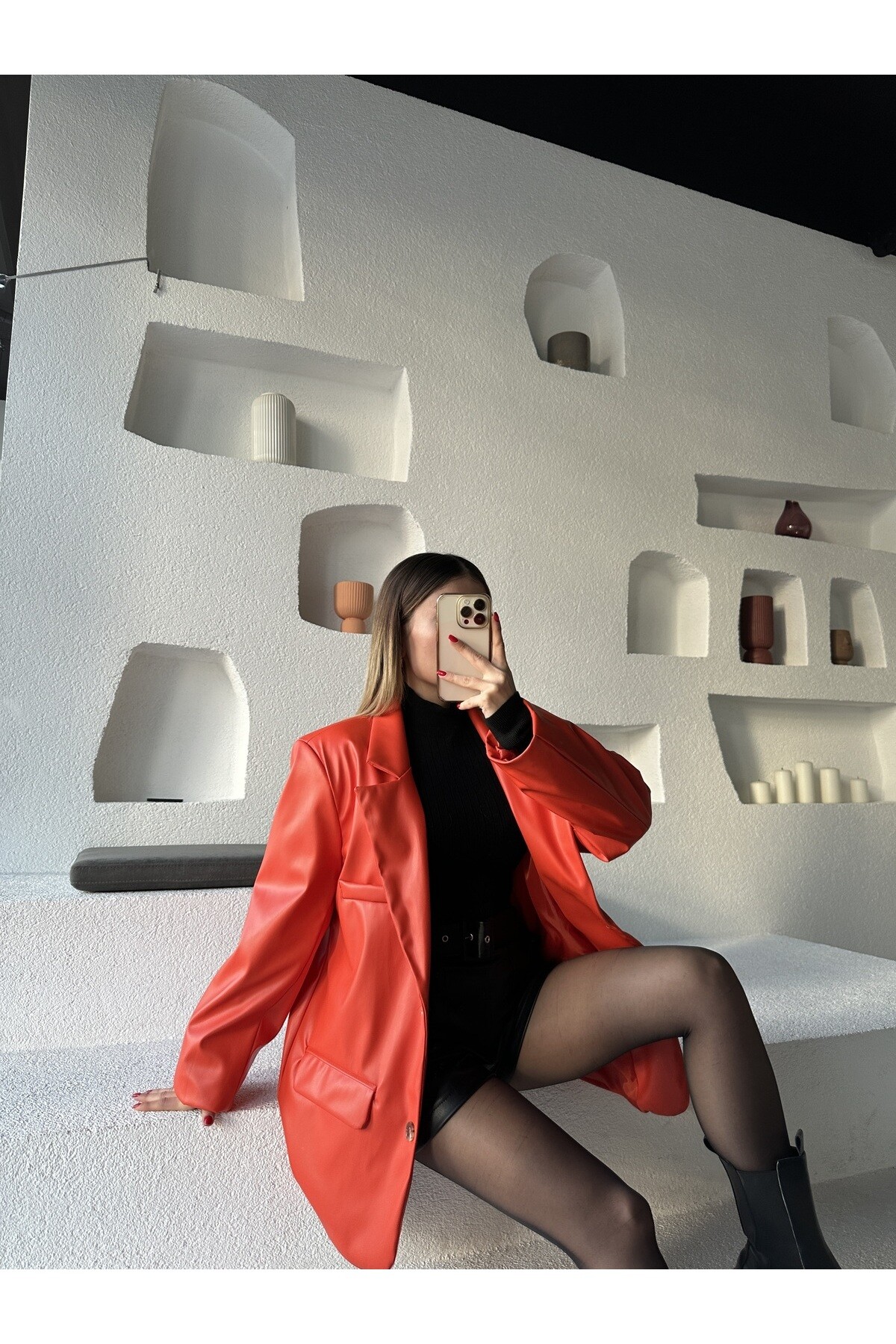 Kadın Oversize Astarlı Deri Blazer Ceket  Turuncu