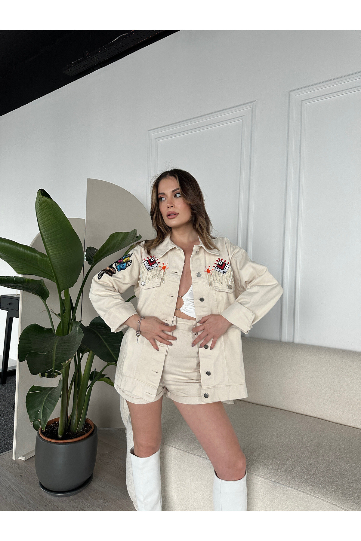 Kadın Oversize Gabardin Kumaş İşleme Detaylı Denim Ceket  Krem