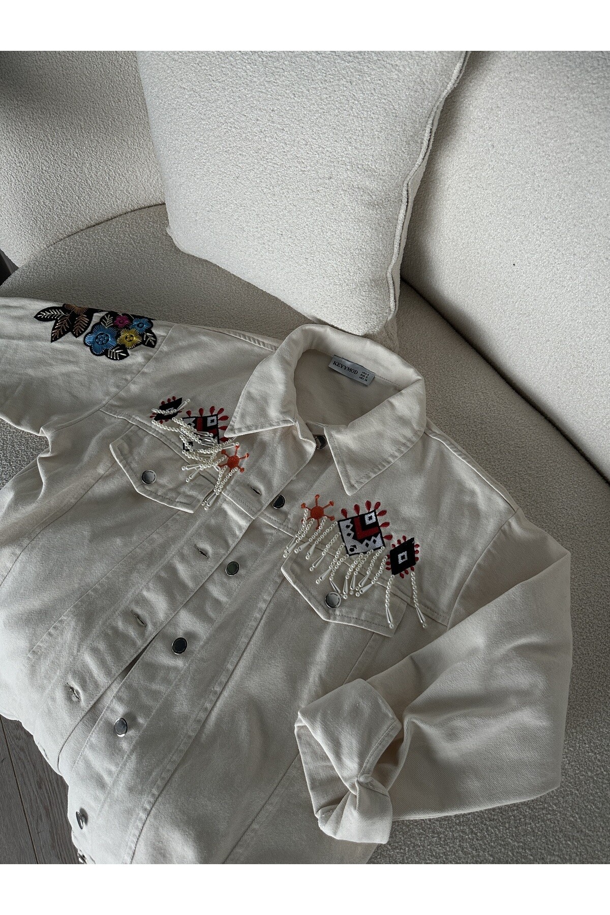 Kadın Oversize Gabardin Kumaş İşleme Detaylı Denim Ceket  Krem