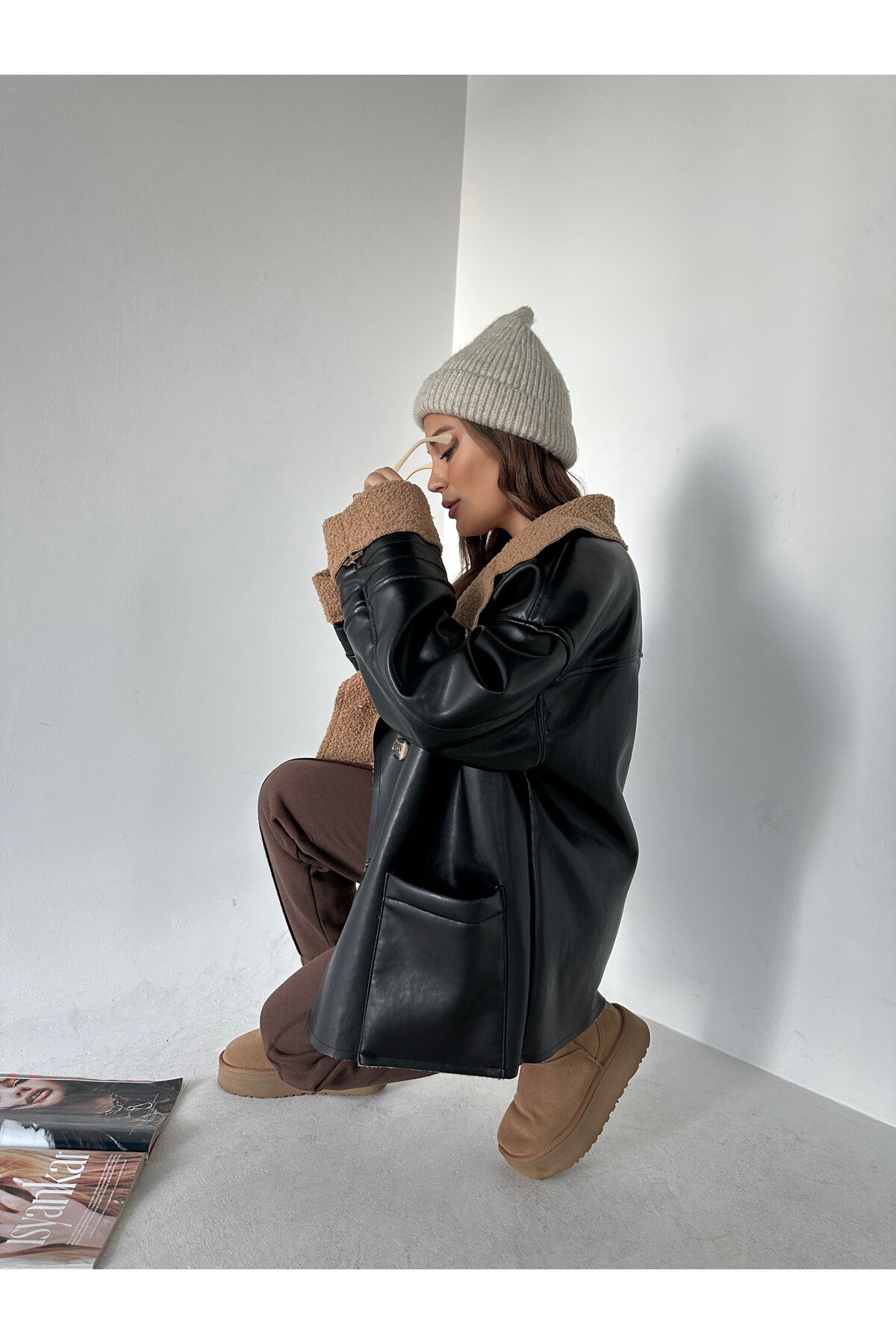 Kadın Oversize İçi Ful Teddy Kürklü Deri Kaban Siyah