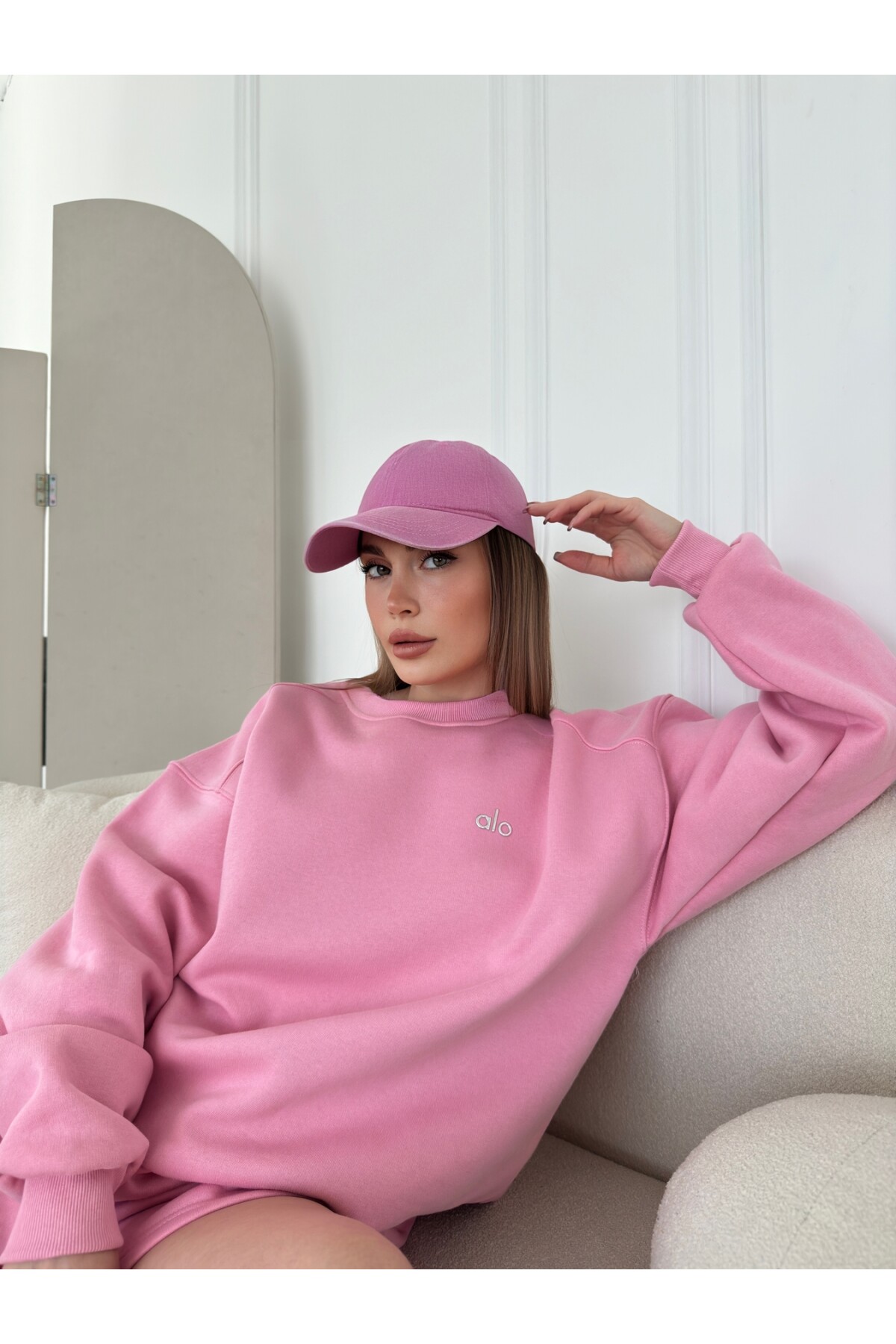 Kadın Pembe Marka Model Şortlu Sweat ikili takım