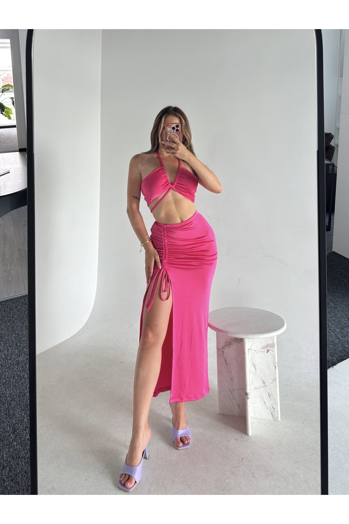 Kadın Pembe Pareo Büzgülü Etek Crop Top İkili Takım