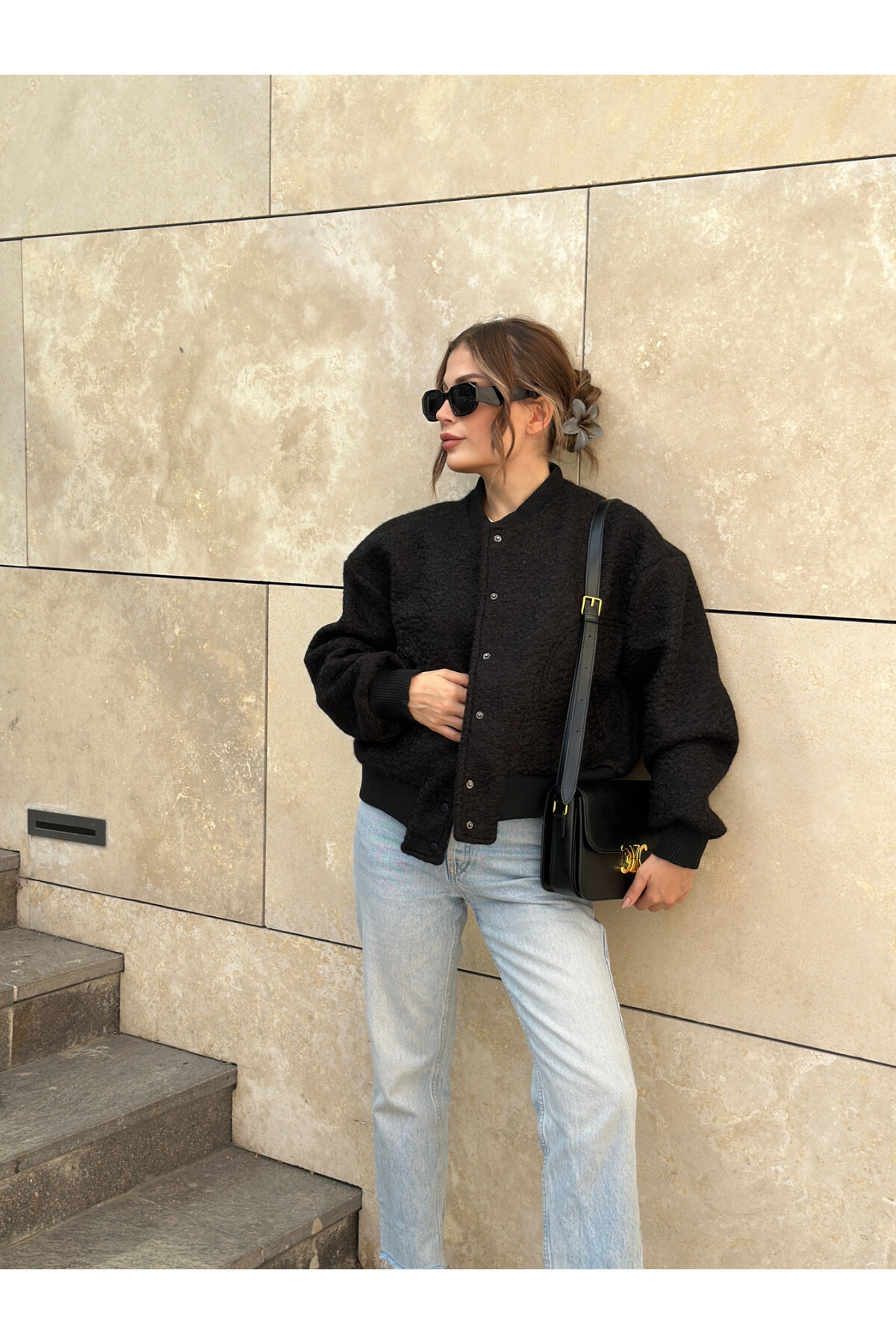 Kadın Siyah Astarlı Kaşe Kumaş Cepli Buklet Bomber Ceket
