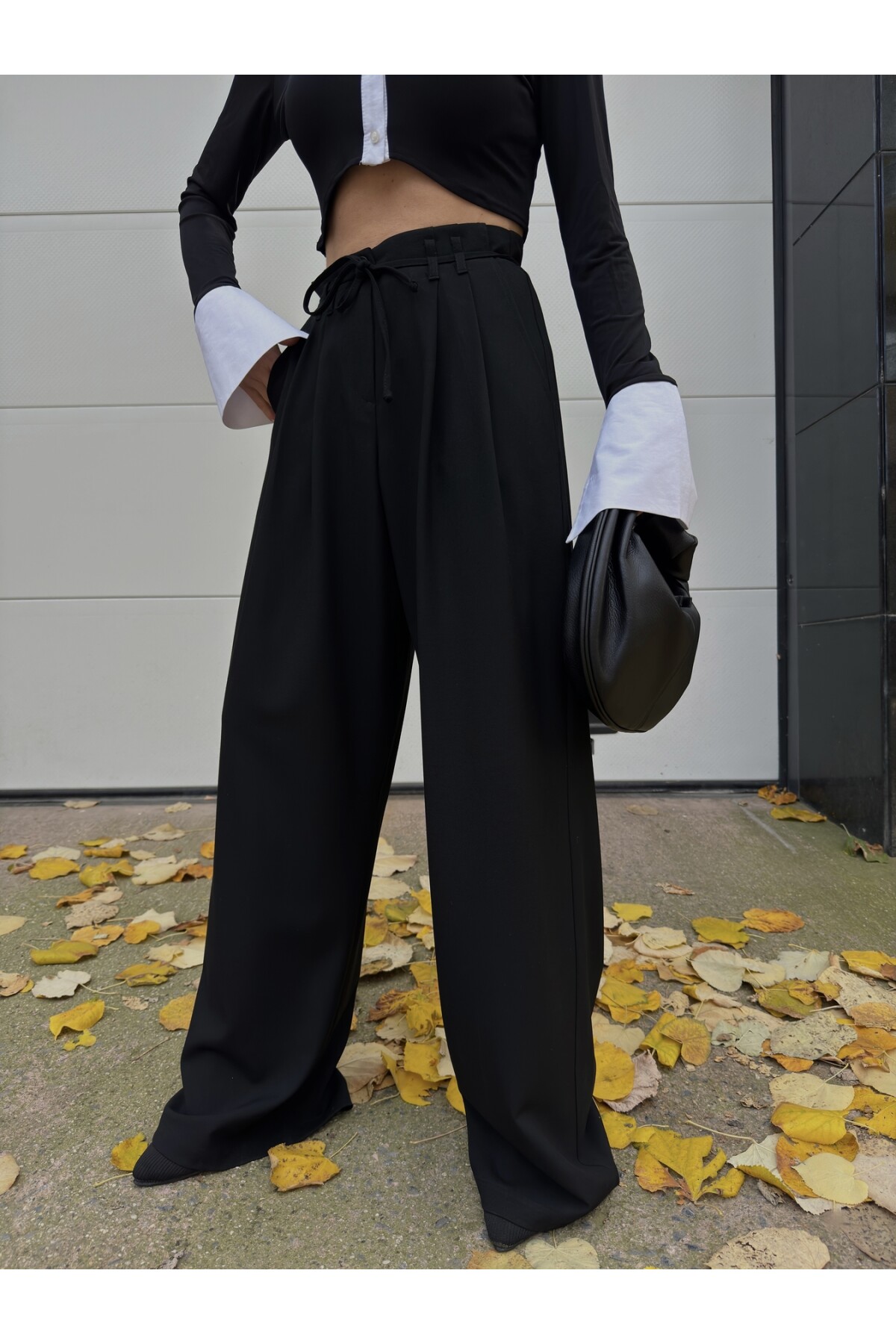 Kadın Siyah Bağcıklı Yüksek Bel Premİum Kalıp Palazzo Pantolon