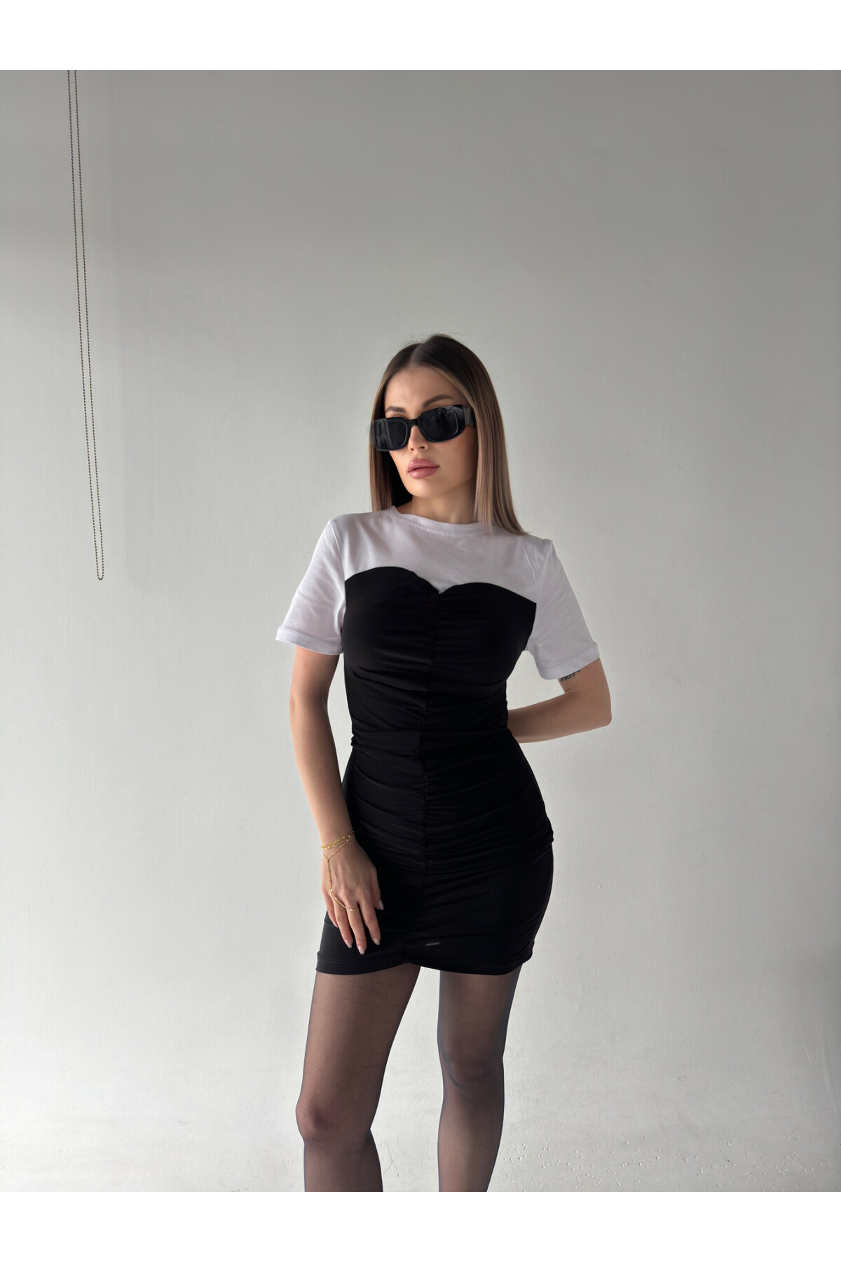 Kadın Siyah-Beyaz  T-shirt Detaylı Garnili Sandy Elbise