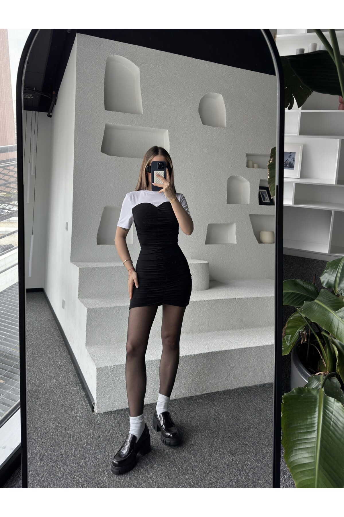 Kadın Siyah-Beyaz  T-shirt Detaylı Garnili Sandy Elbise