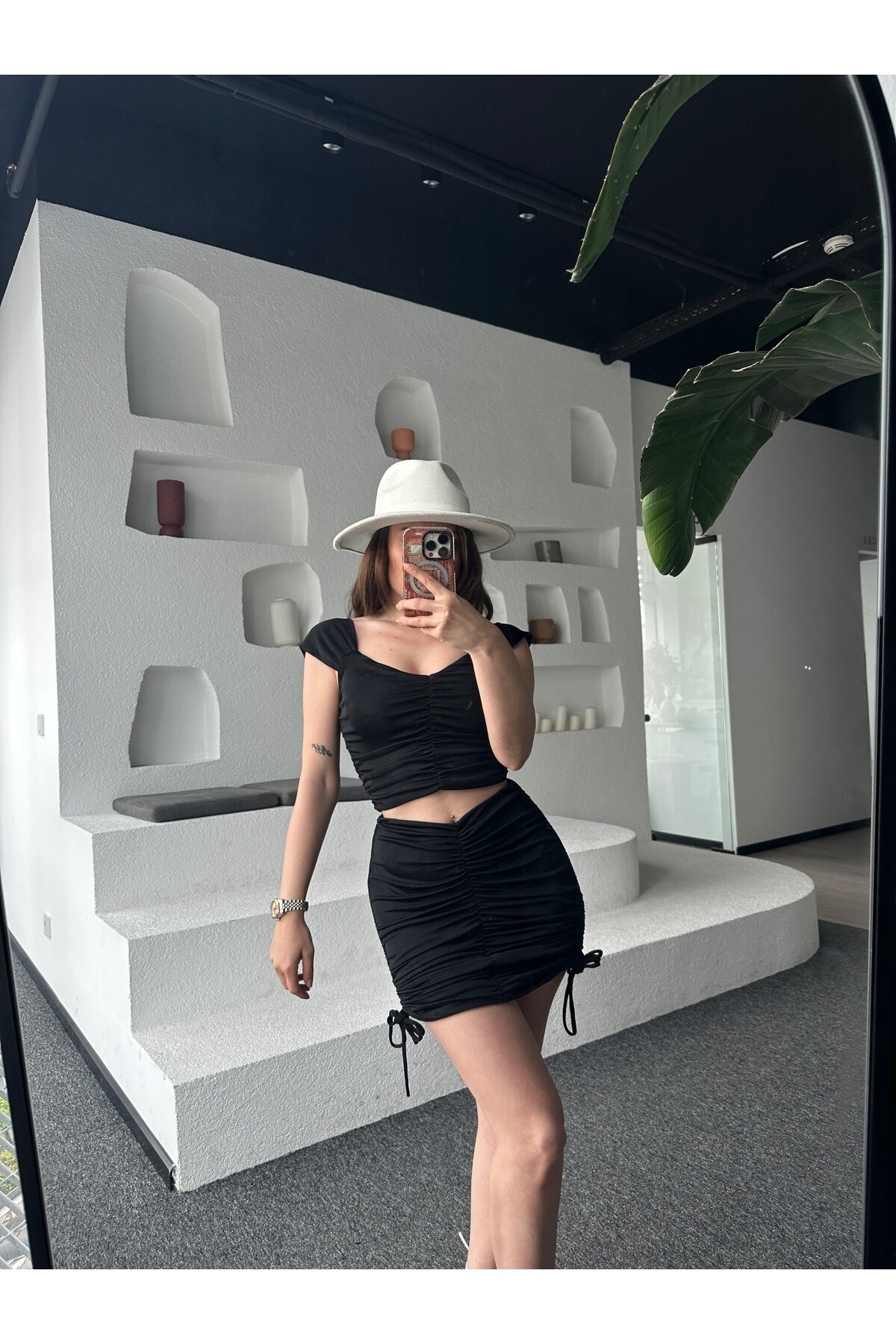 Kadın Siyah Buzzy Kumaş Büzgülü Ayarlanabilir Etek Takım