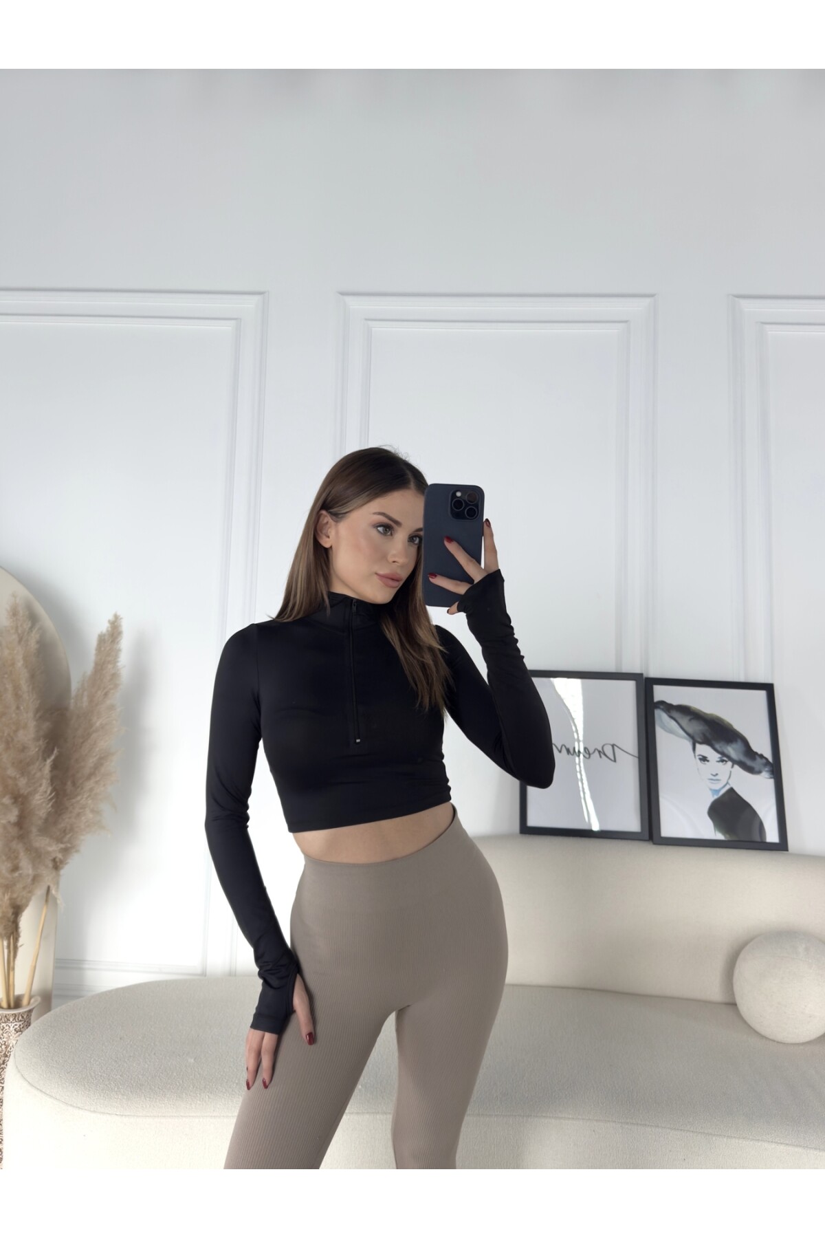 Kadın Siyah Dalgıç Parmak Geçmeli Crop Büstiyer