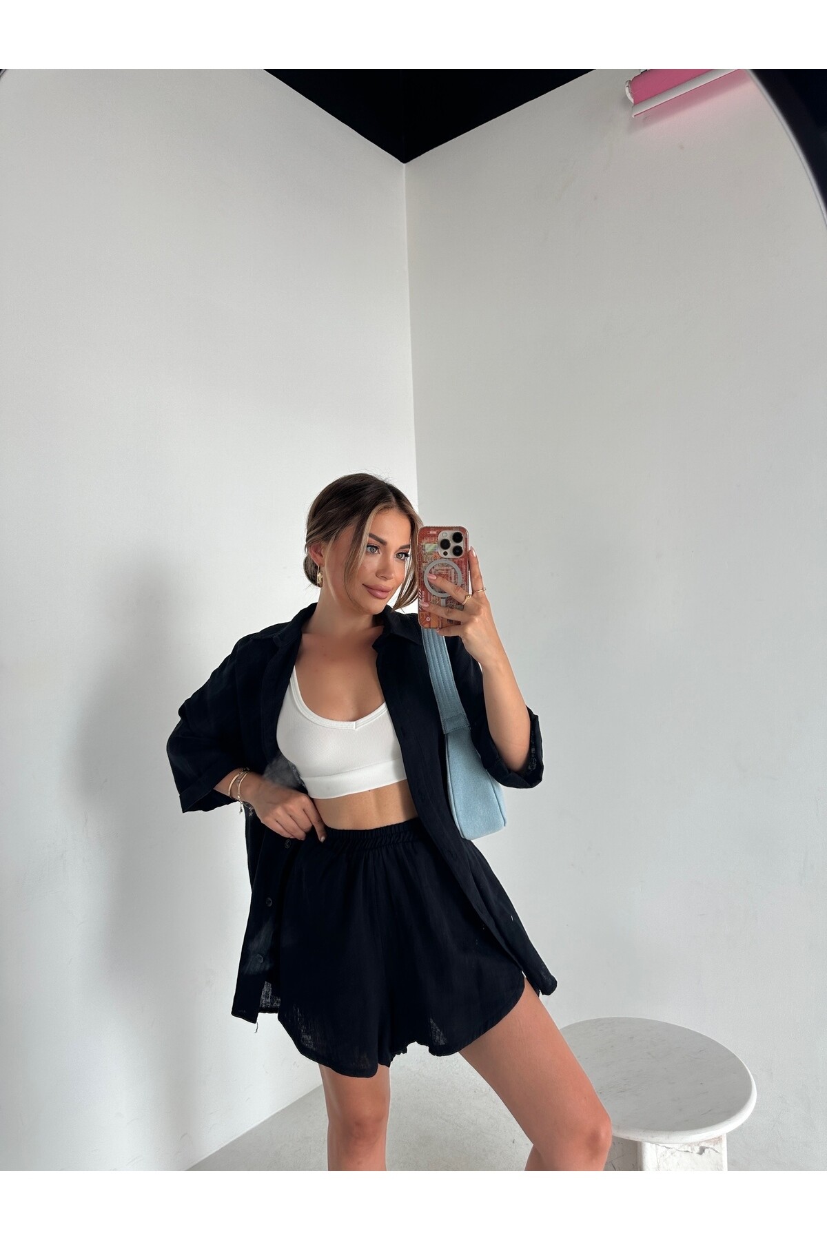 Kadın Siyah Keten Gömlek Şort İkili Takım