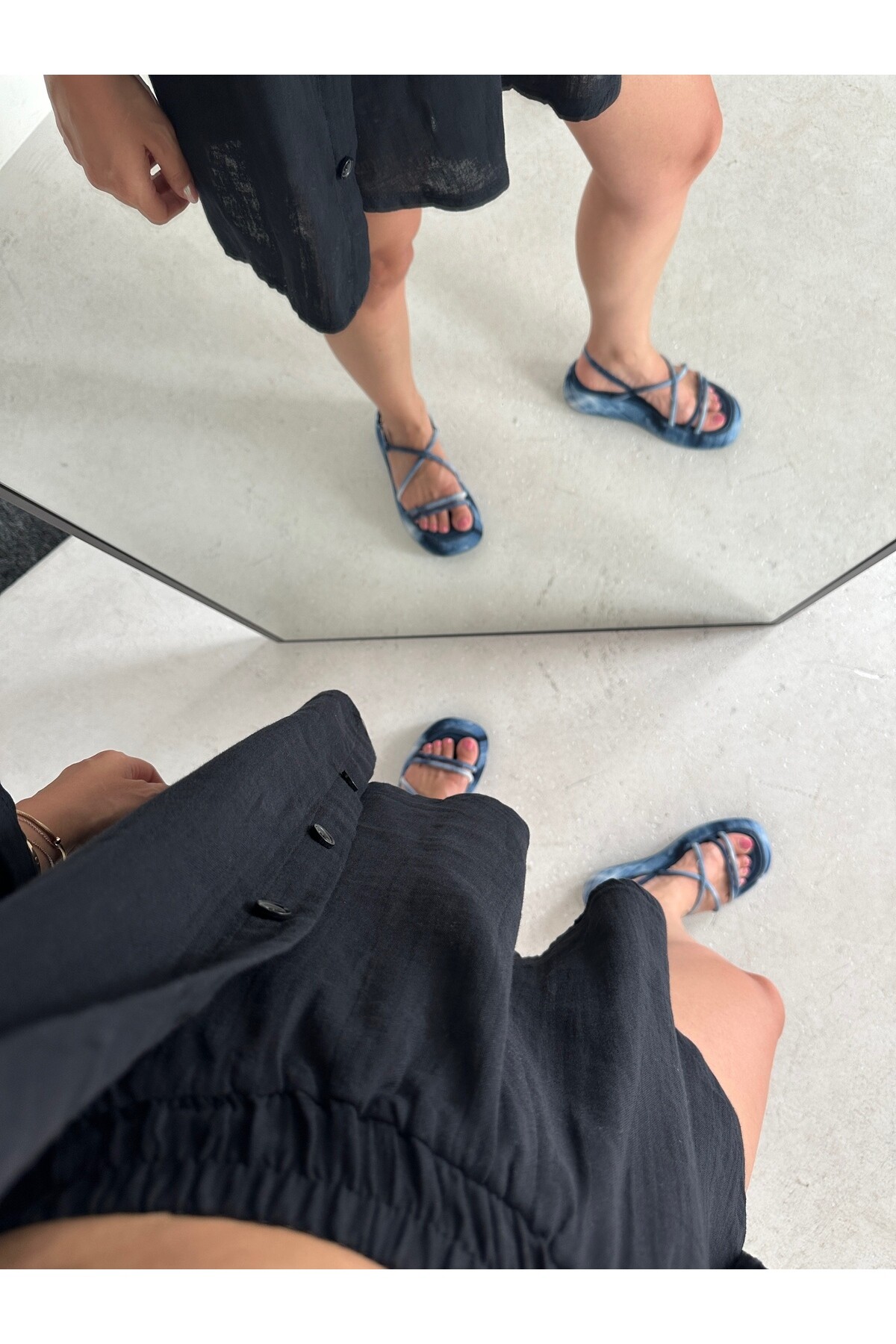 Kadın Siyah Keten Gömlek Şort İkili Takım