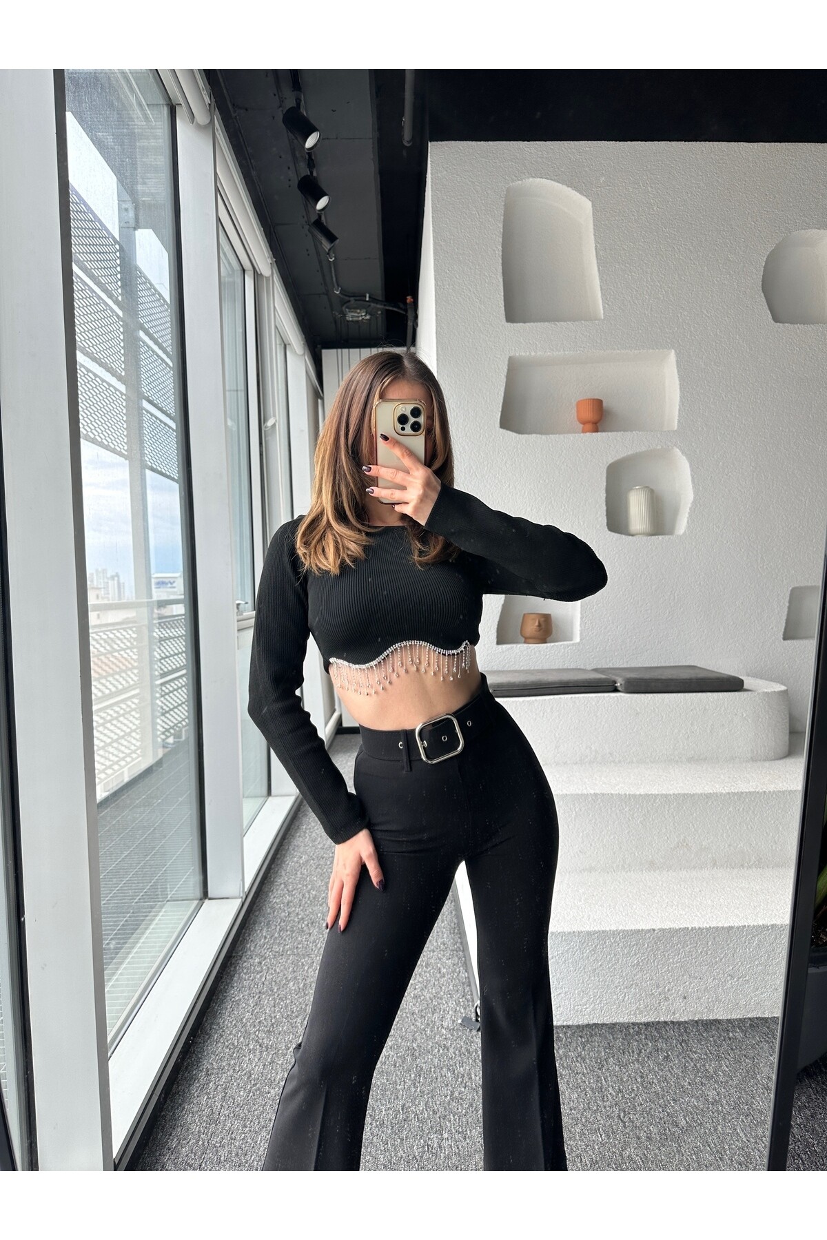 Kadın Siyah Yüksek Bel İspanyol Paça Slim Fit Pantolon