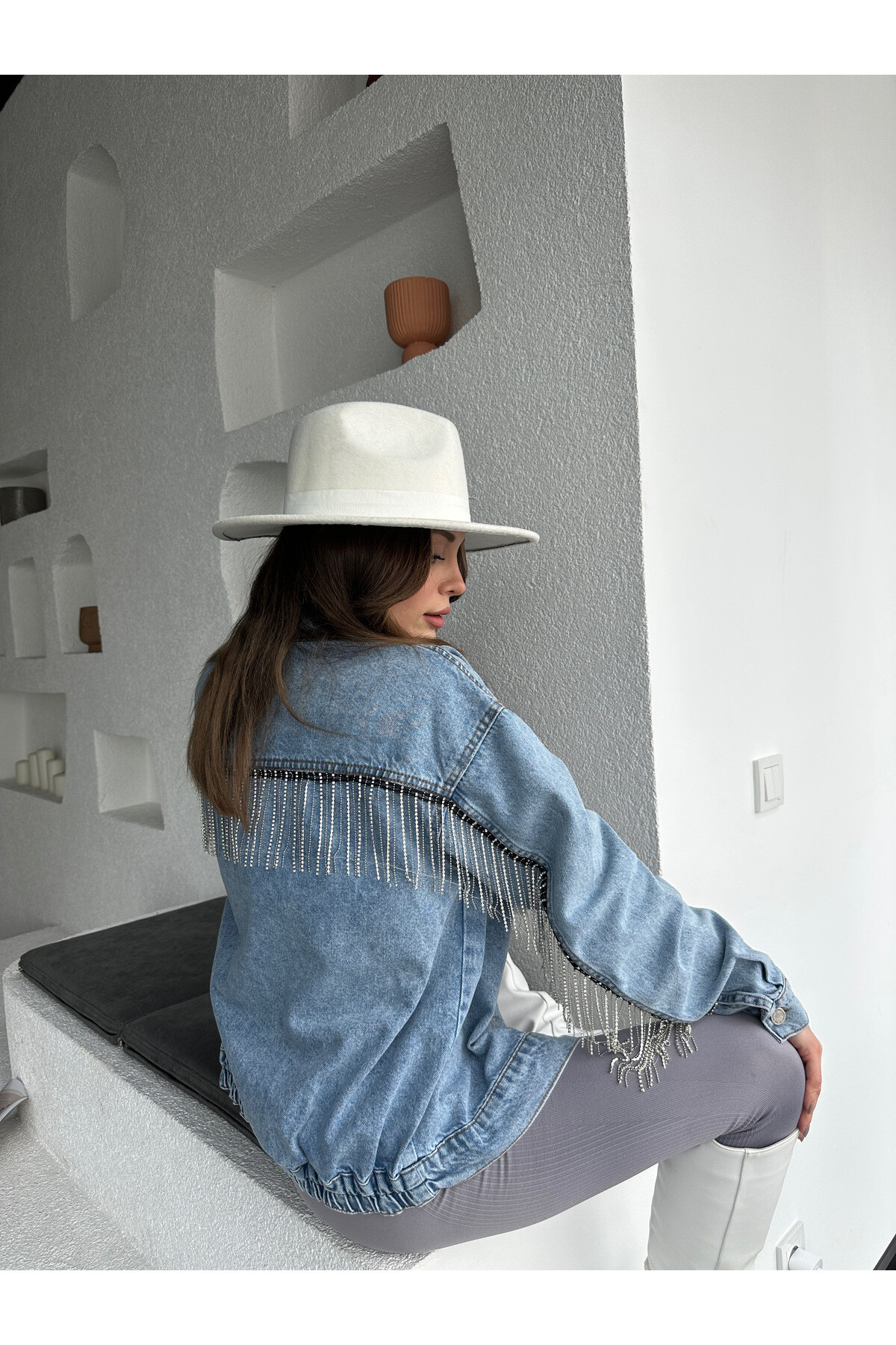 Kadın Taş Püskül Detaylı Denim Kot Ceket  Mavi