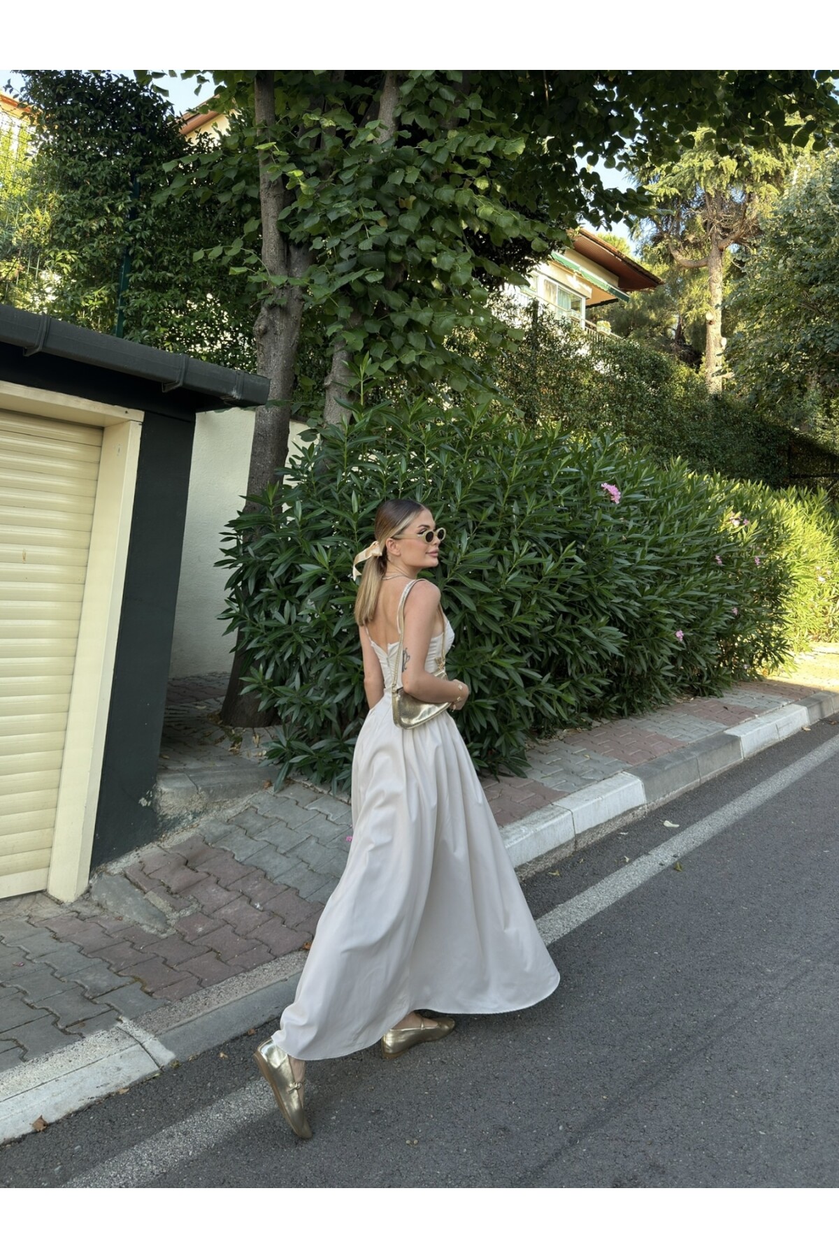 Kadın Taş Rengi Askılı Gloplu Uzun Bridged Elbise