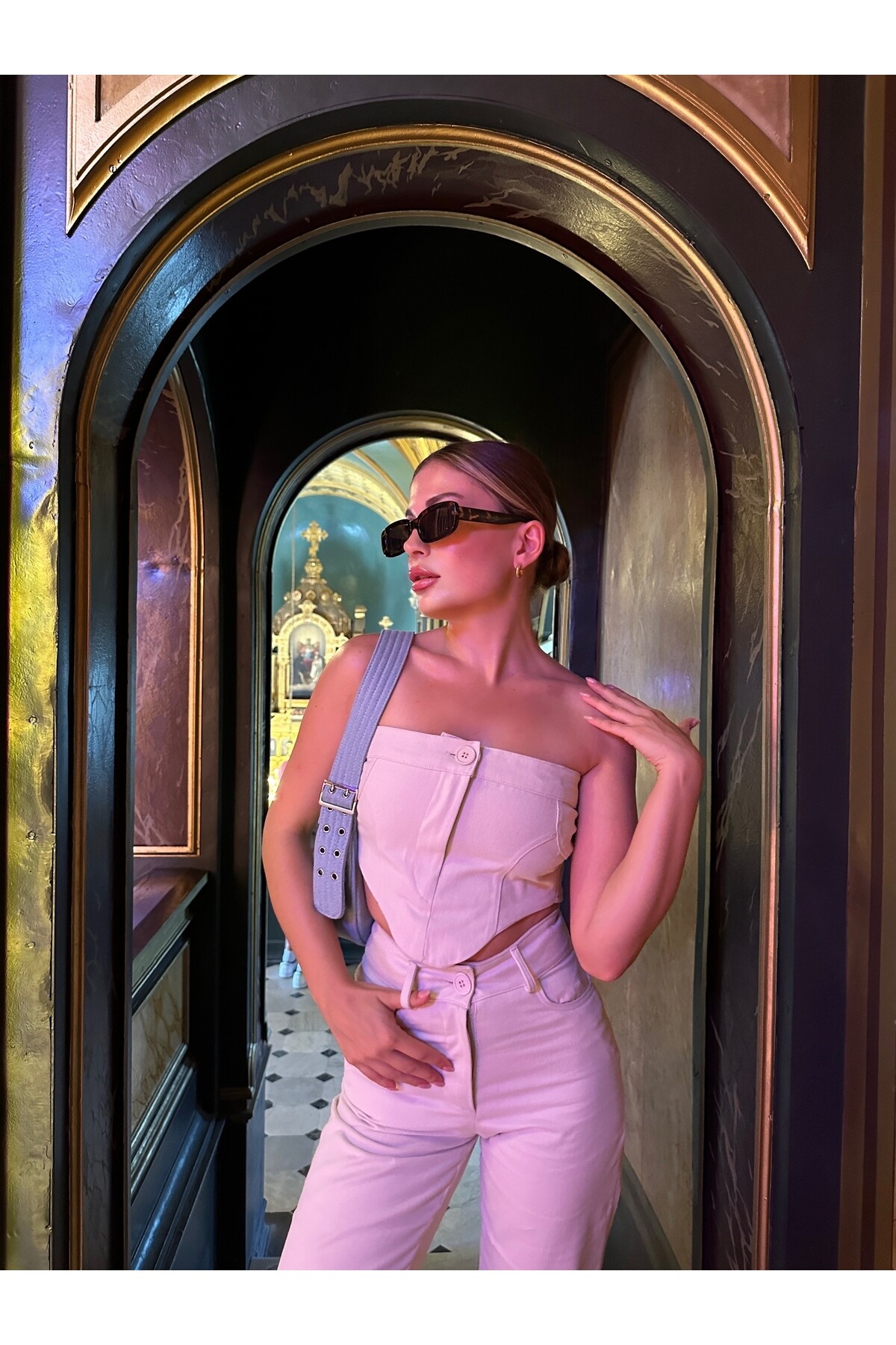 Kadın Taş Rengi Straplez Yüksek Bel Jean Takım