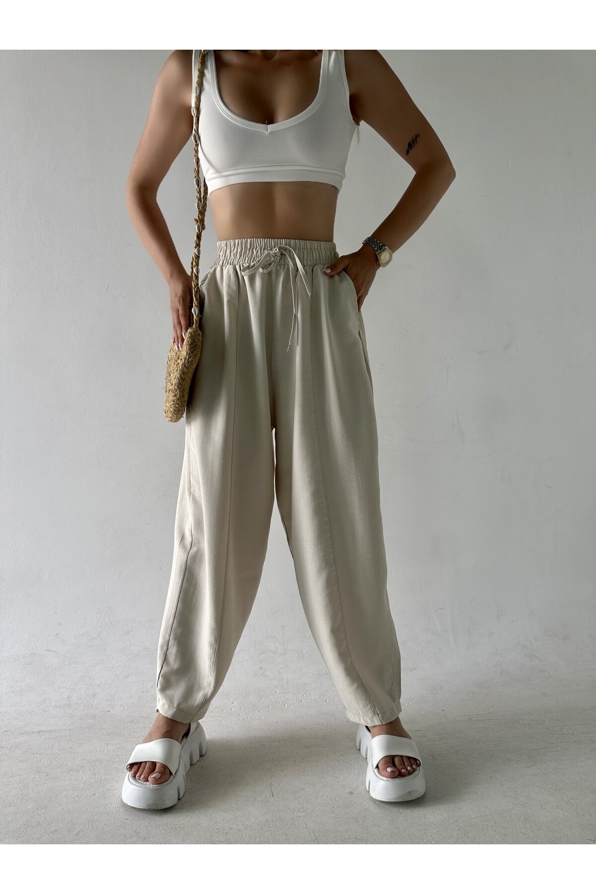 Kadın Taş Rengi Yüksek Bel Keten Şalvar Pantolon