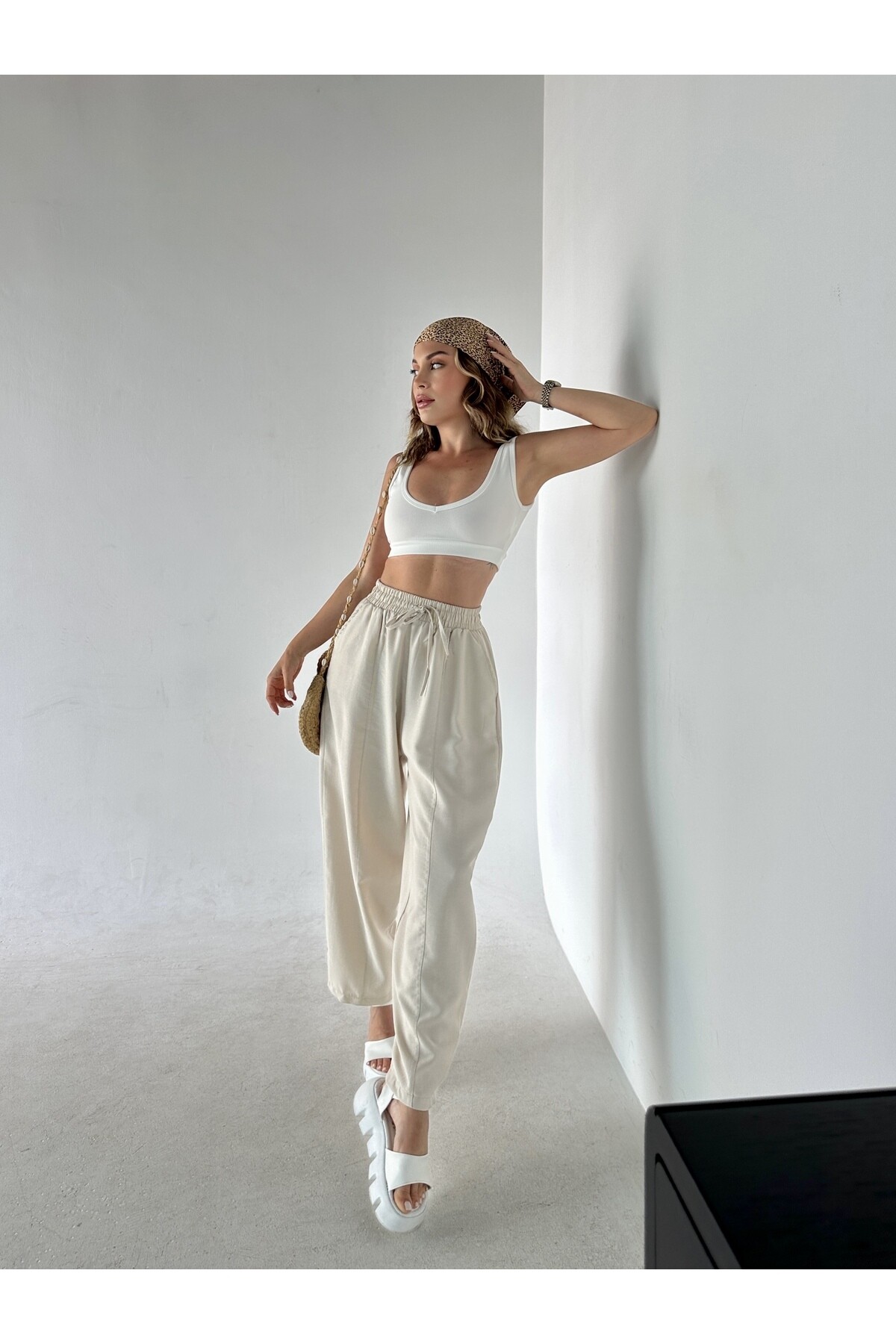 Kadın Taş Rengi Yüksek Bel Keten Şalvar Pantolon