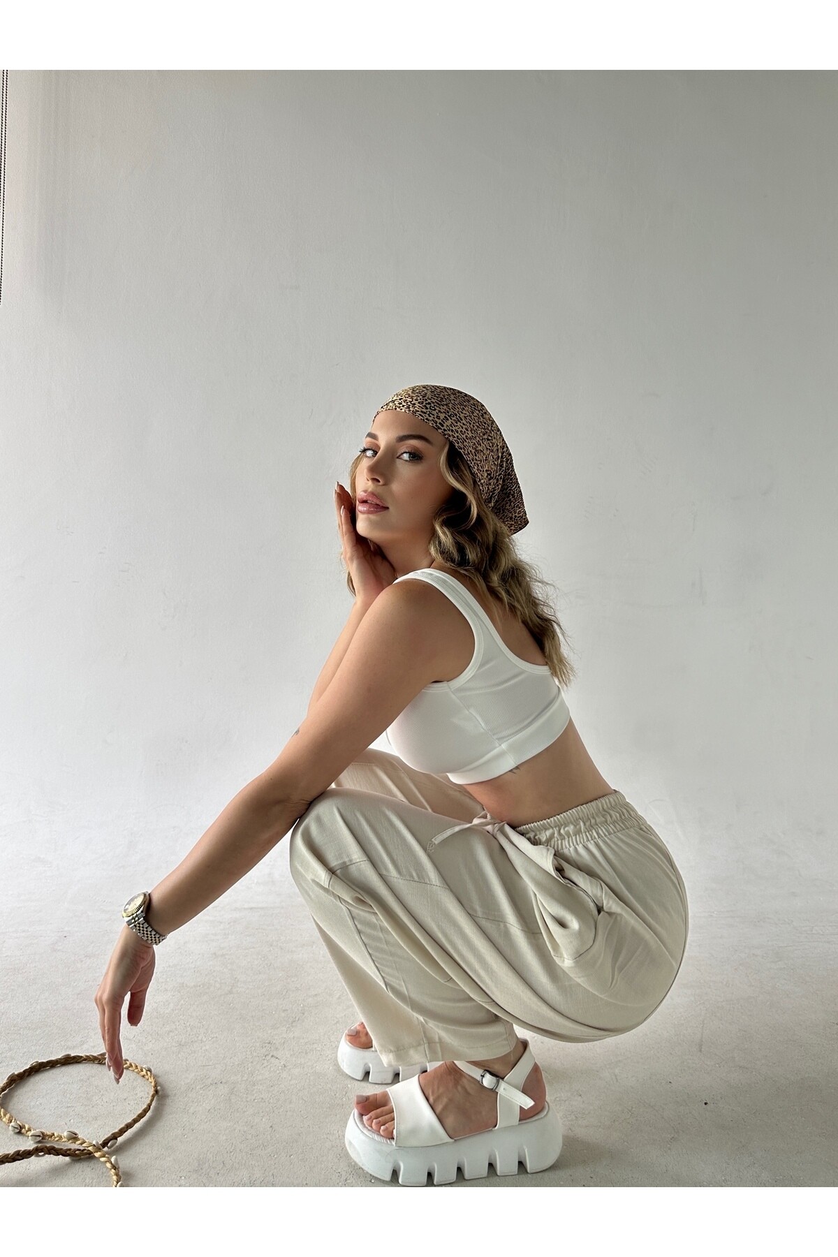 Kadın Taş Rengi Yüksek Bel Keten Şalvar Pantolon