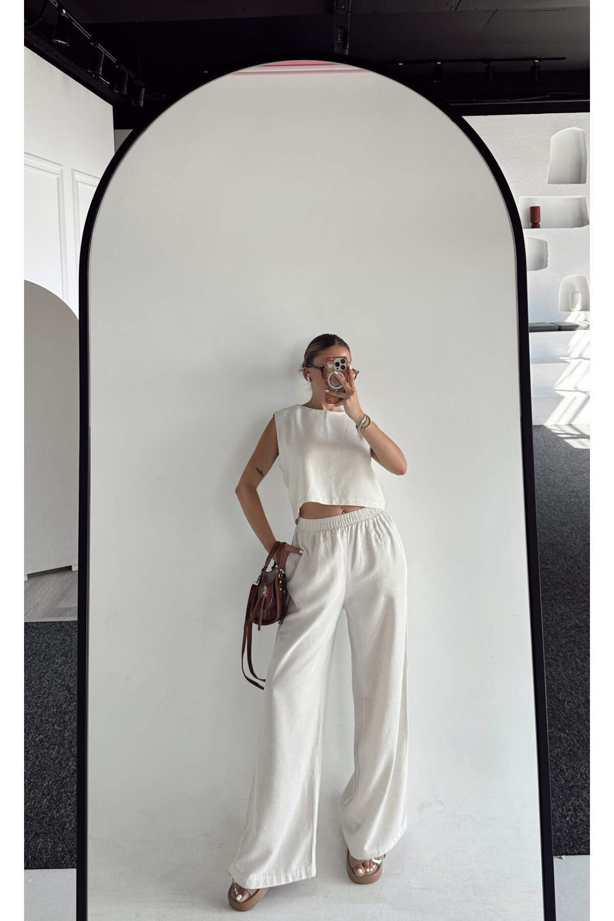 Kadın Taş Yüksek Bel Palazzo Pantolon Alt Üst Takım